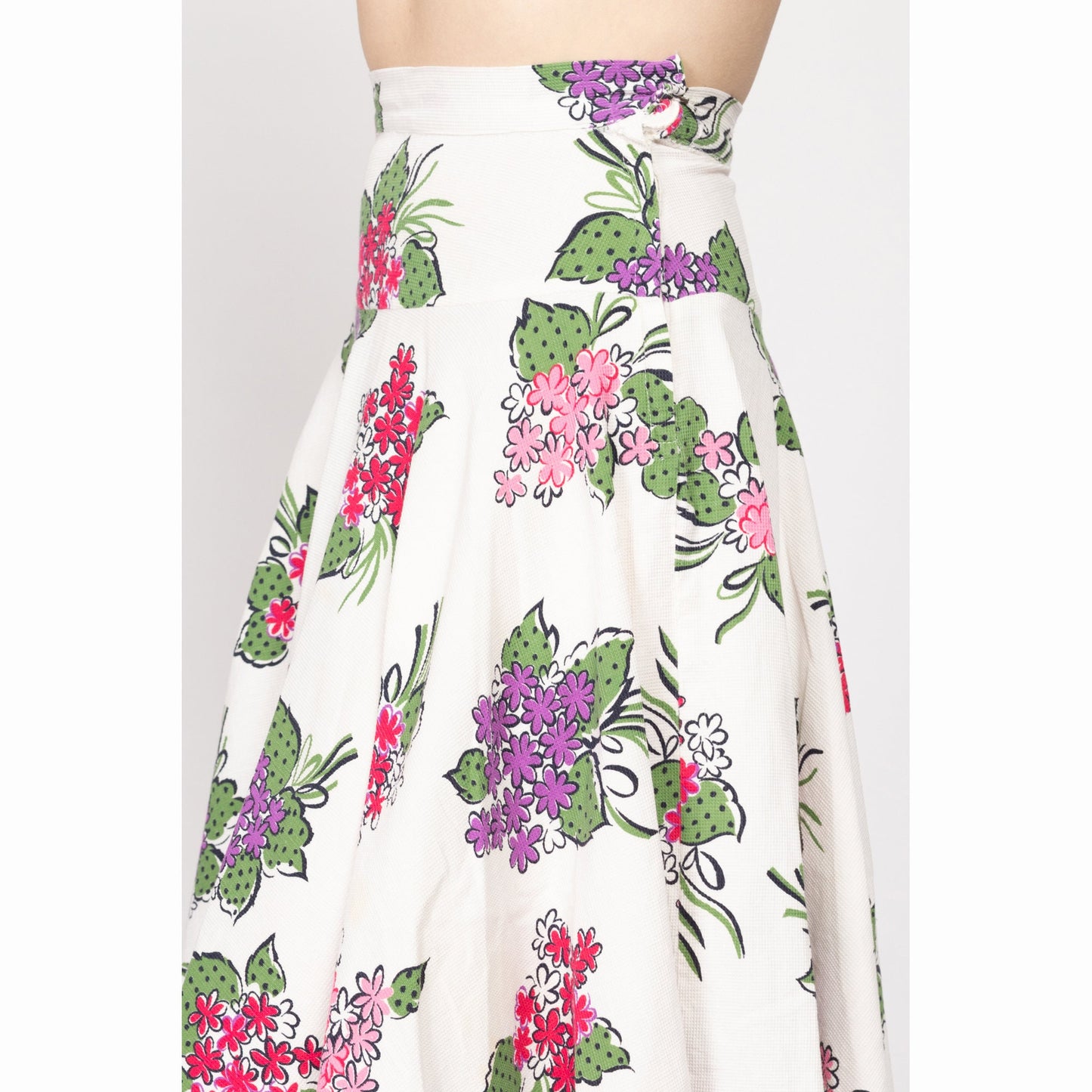 XS 50s 60s Cactus Flower Novelty Print Circle Skirt | Vintage White Floral Handmade High Waisted Yoke Midi Skirt