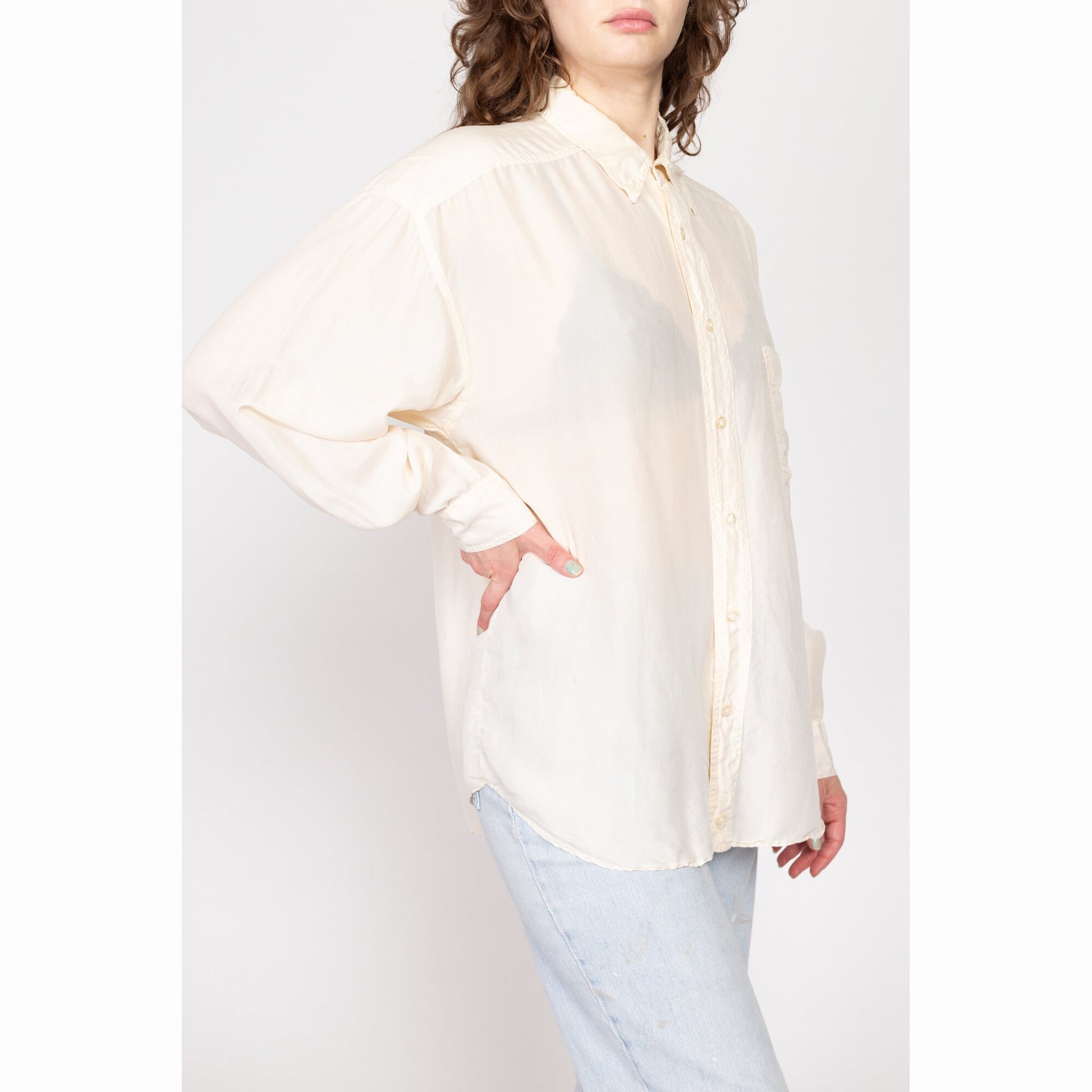 Med-XL 90s Ivory Silk Blouse | Vintage Minimalist Long Sleeve Button Up Collared Shirt