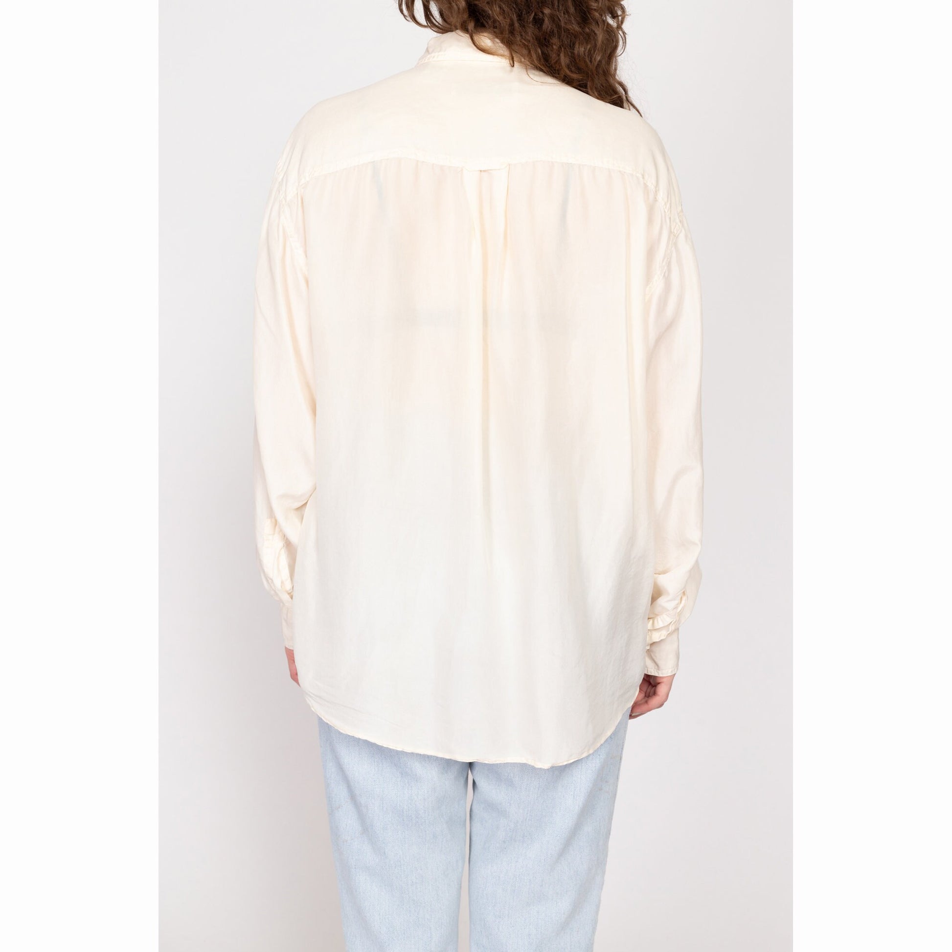 Med-XL 90s Ivory Silk Blouse | Vintage Minimalist Long Sleeve Button Up Collared Shirt