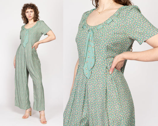 Medium 90s Sage Green Ditsy Floral Jumpsuit | Vintage Ascot Tie Short Sleeve Wide Leg Calico Pantsuit