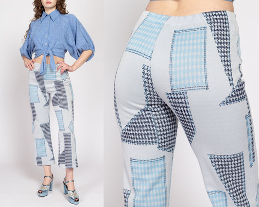 Sm-Med 70s Blue Patchwork Print Pants 26"-30" | Vintage High Waisted Retro Kick Flare Trousers
