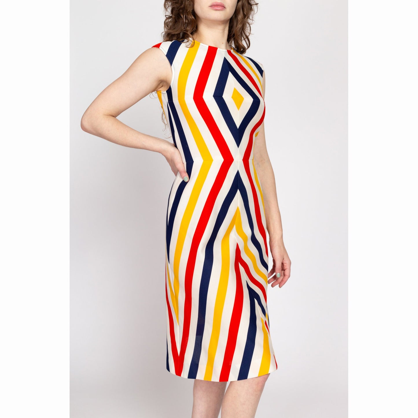 Small 70s Chevron Striped Midi Dress | Vintage Julie Miller Colorful A Line Retro Sleeveless Dress
