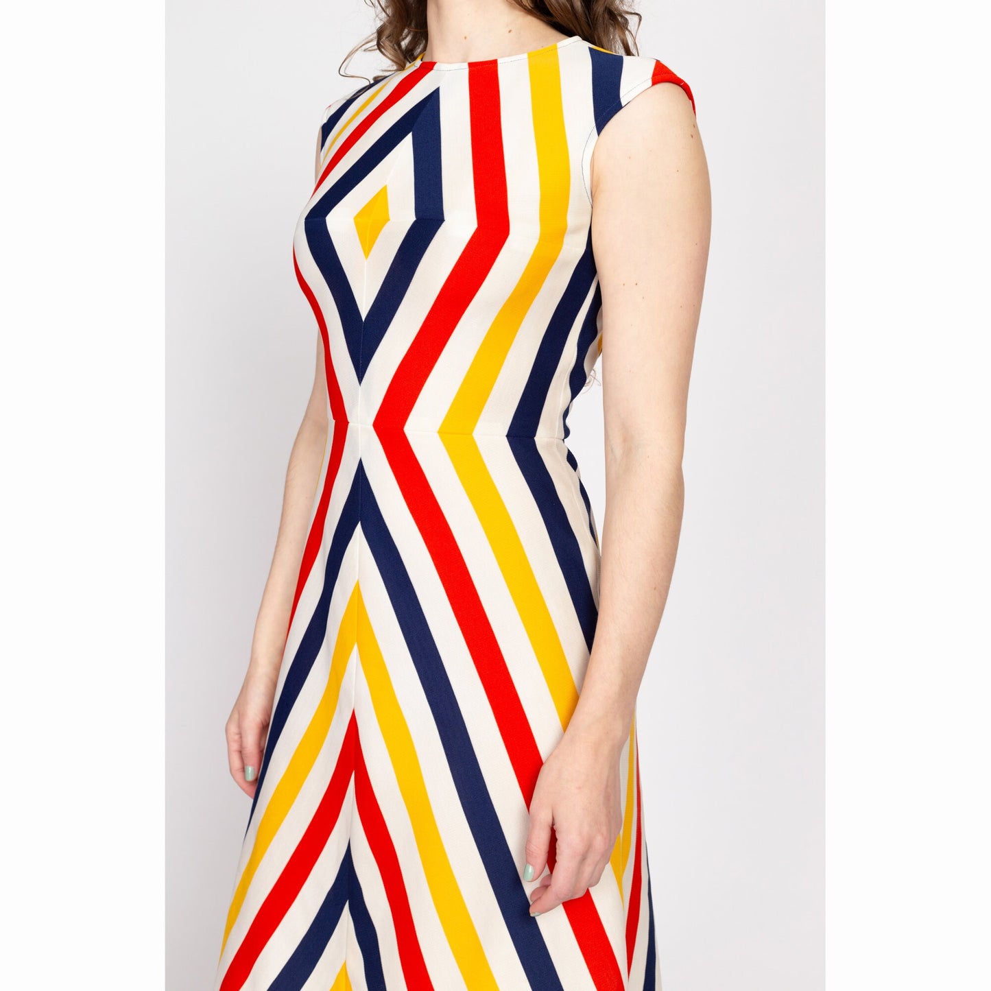 Small 70s Chevron Striped Midi Dress | Vintage Julie Miller Colorful A Line Retro Sleeveless Dress