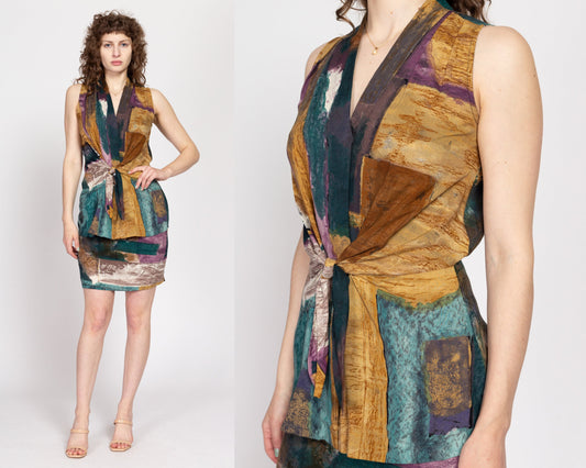 Medium 80s Earth Tone Abstract Print Top & Mini Skirt Set | Vintage Sleeveless Matching Two Piece Outfit