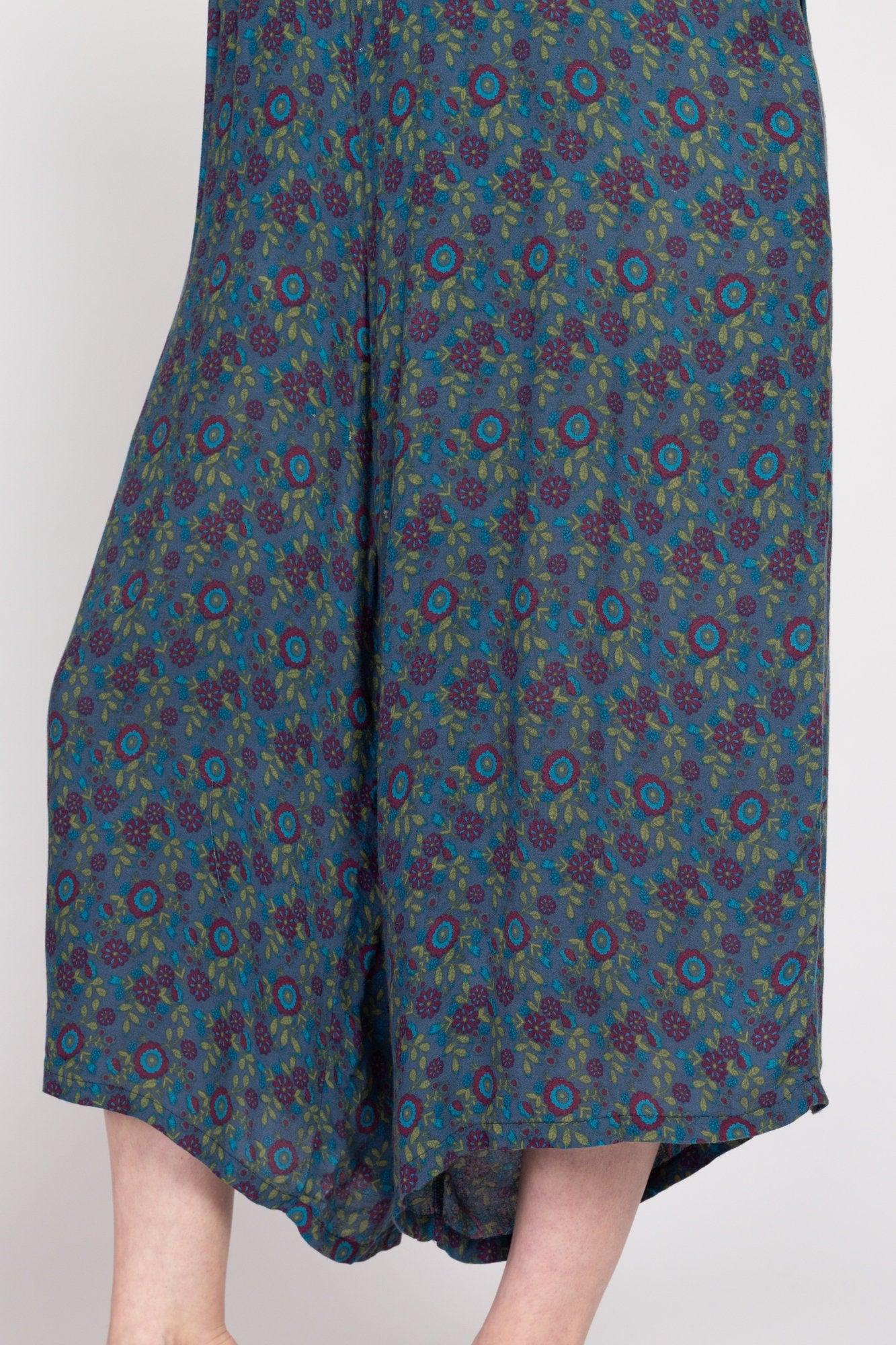 Large Vintage Blue Floral Loungewear Jumpsuit | Y2K Boho Oversize Sleeveless Rayon Wide Leg Jumpsuit