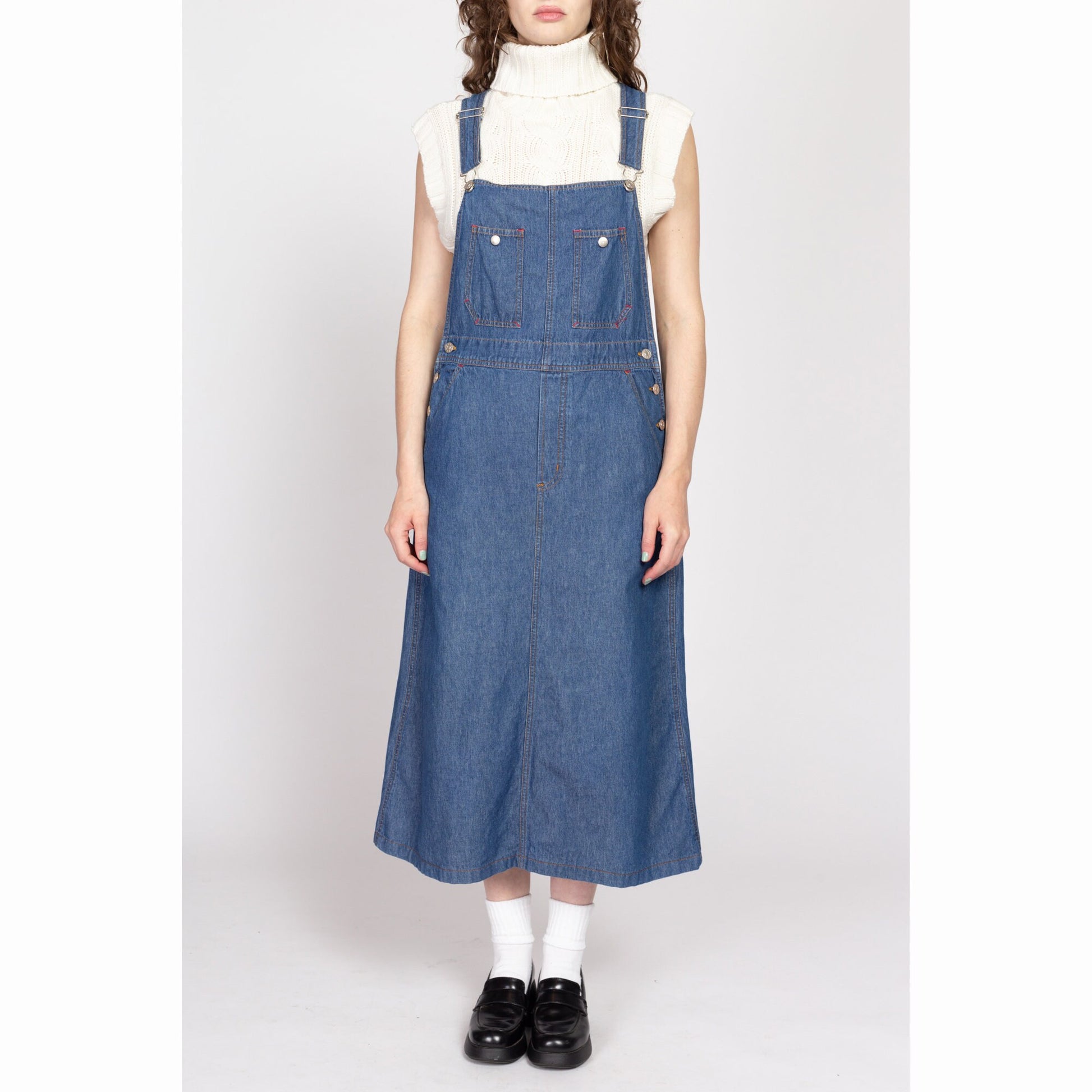 Small 80s Forenza Denim Pinafore Dress | Vintage Overall Blue Jean Grunge Maxi Dress