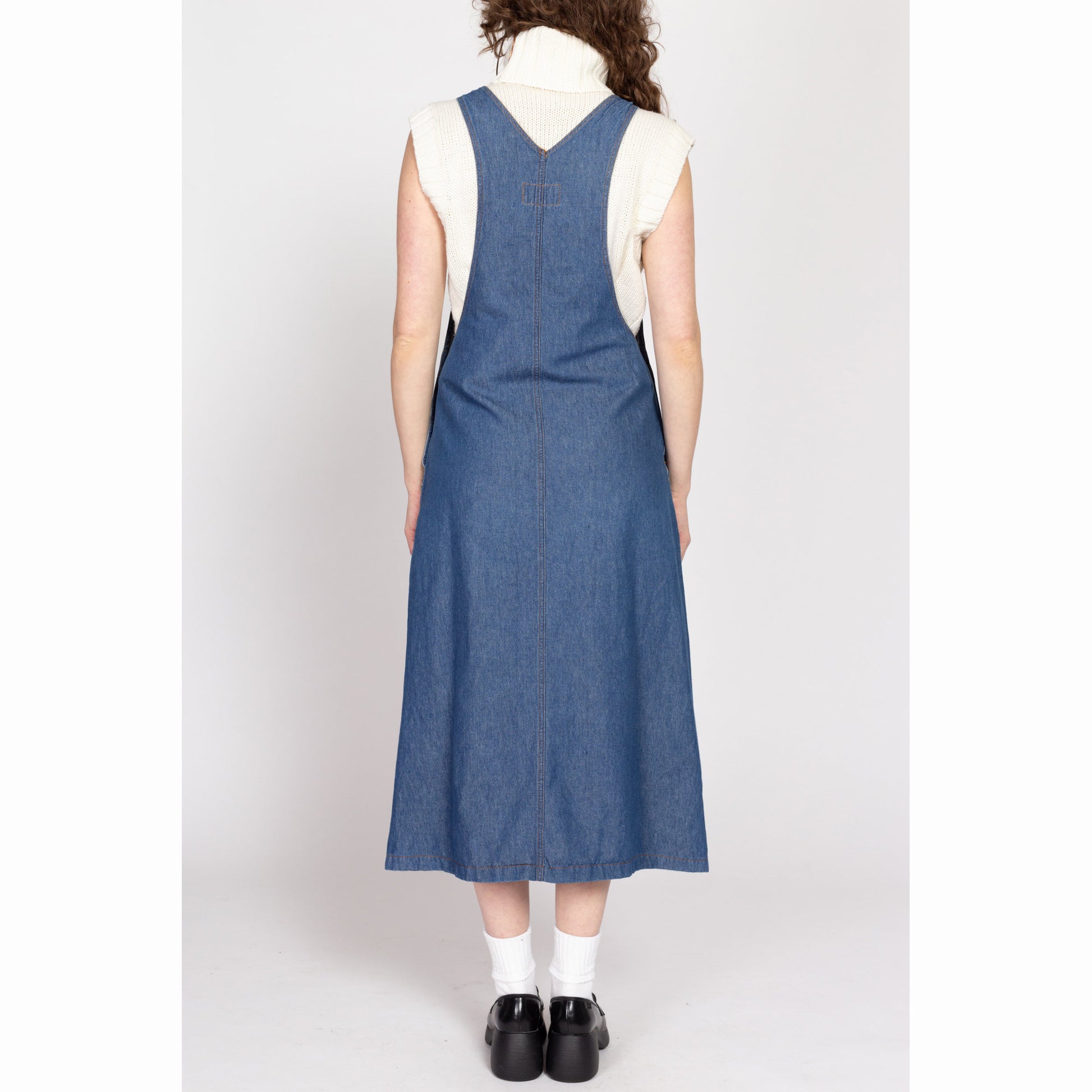 Small 80s Forenza Denim Pinafore Dress | Vintage Overall Blue Jean Grunge Maxi Dress