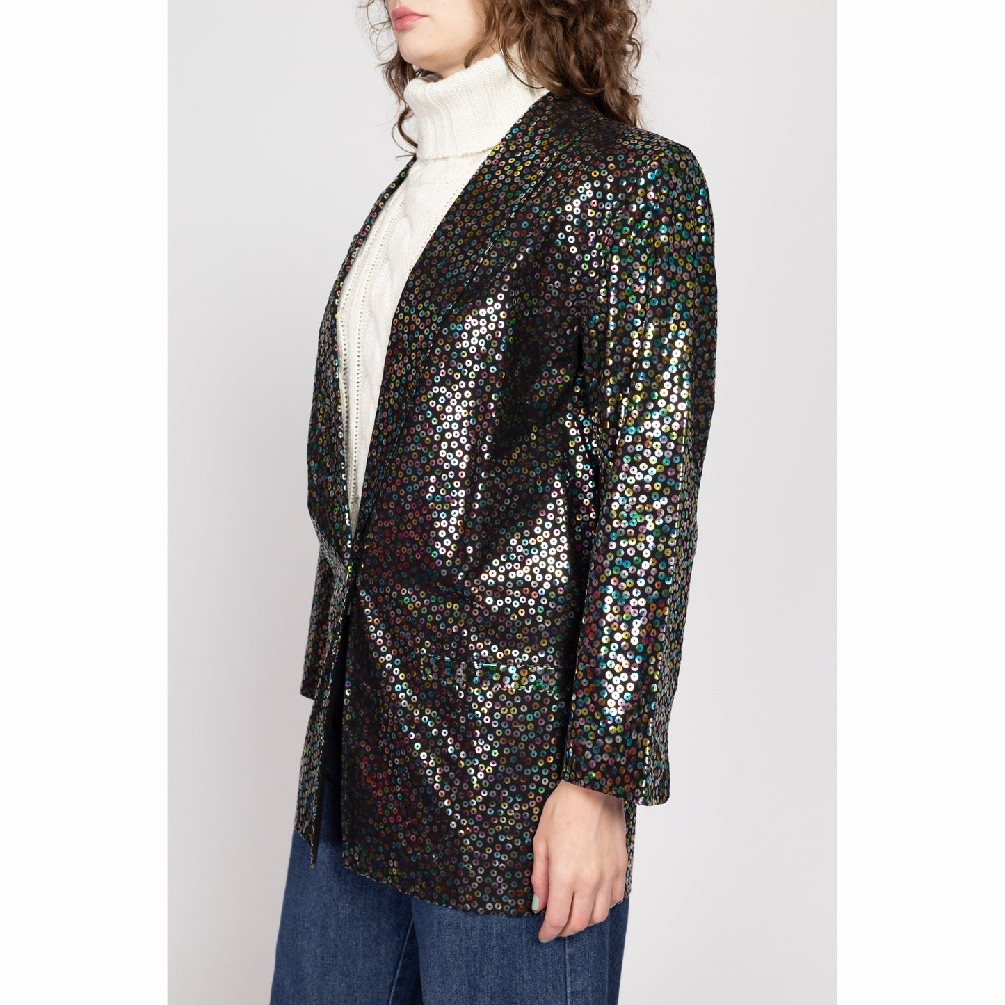 Medium 90s Fiorucci Black Sequin Embossed Blazer | Vintage Italian Designer Button Up Sport Coat Suit Jacket