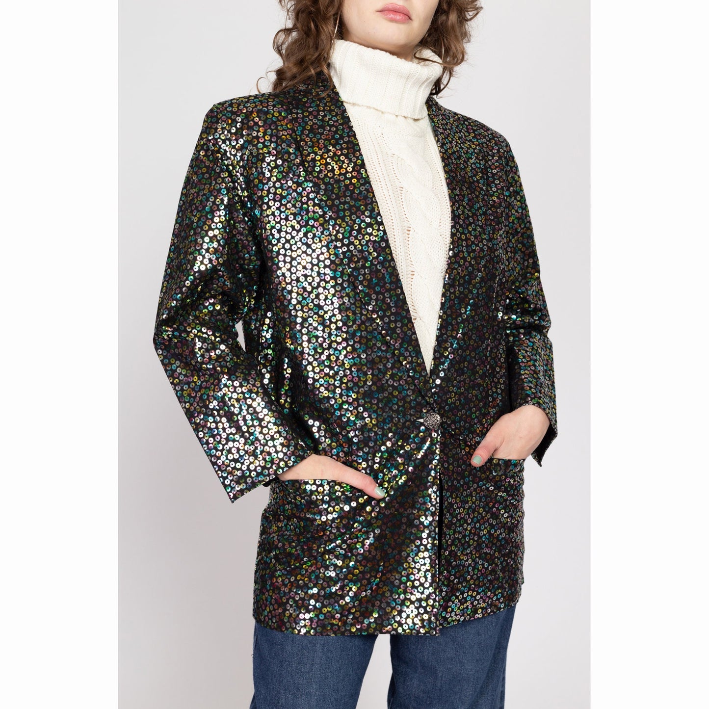 Medium 90s Fiorucci Black Sequin Embossed Blazer | Vintage Italian Designer Button Up Sport Coat Suit Jacket