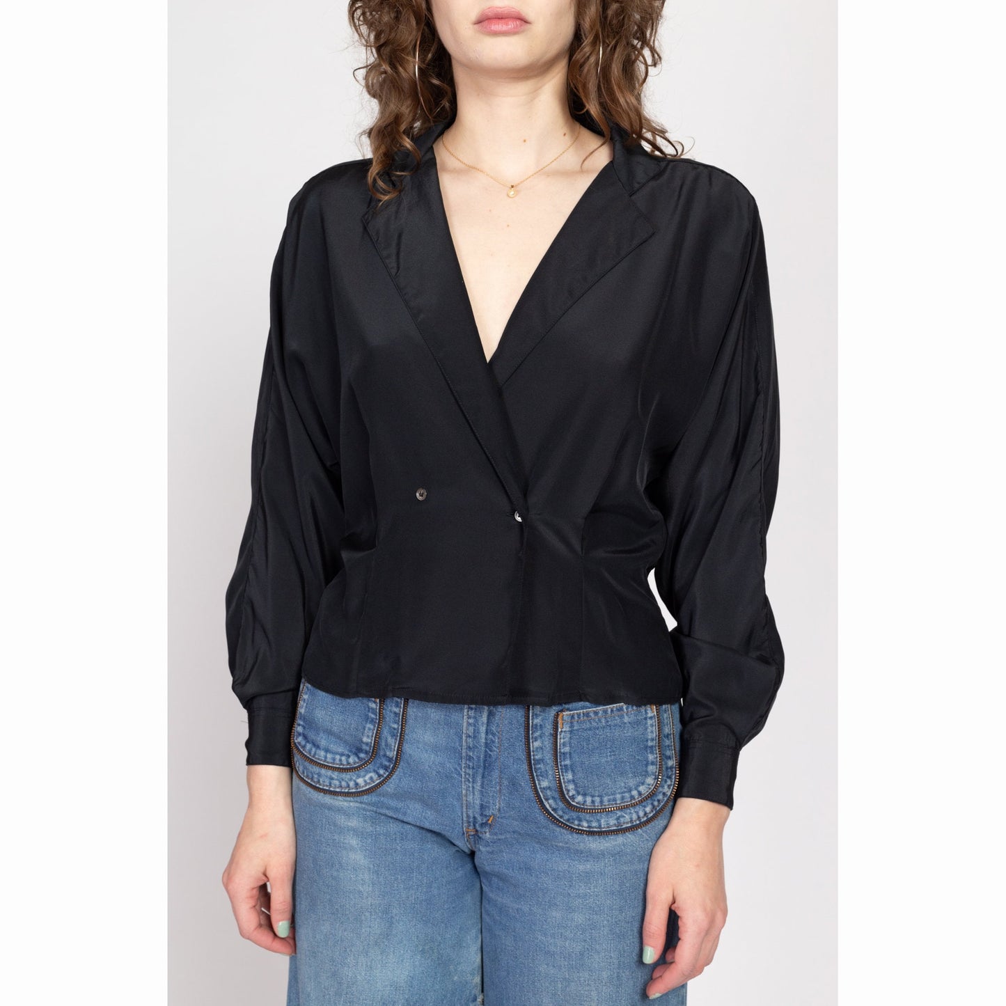 Small 80s Black V Neck Wrap Top | Vintage Fitted Waist Long Dolman Sleeve Secretary Blouse