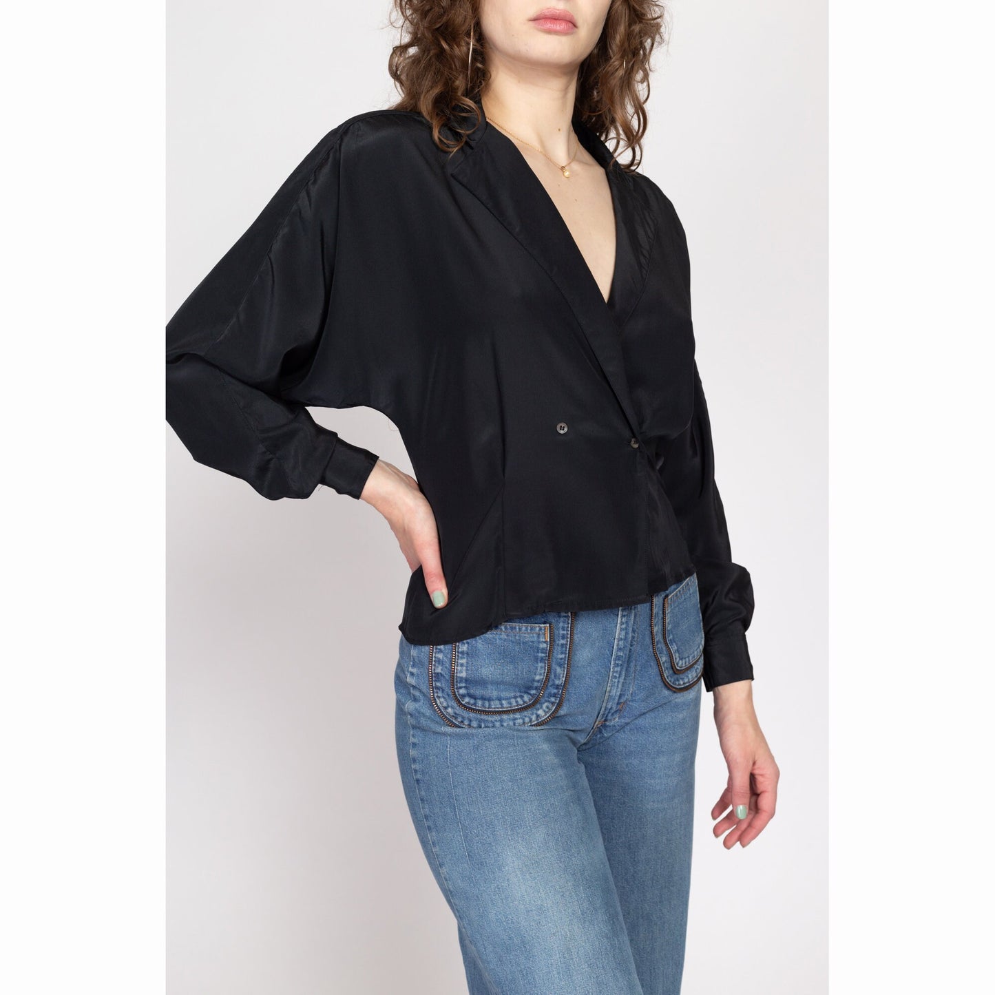 Small 80s Black V Neck Wrap Top | Vintage Fitted Waist Long Dolman Sleeve Secretary Blouse