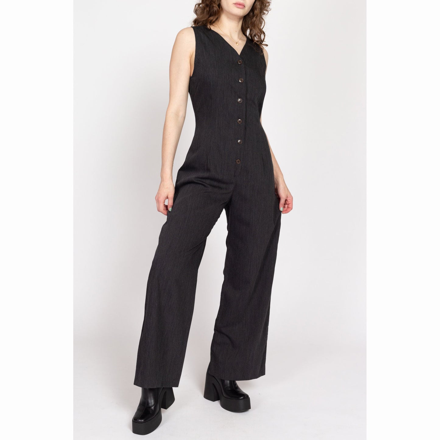 Medium 90s Minimalist Dark Grey Straight Leg Jumpsuit | Vintage Sleeveless Button Front Pantsuit