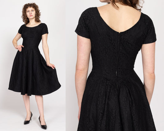 Small 60s Black Floral Eyelet Lace Fit & Flare Dress | Vintage 1960s Short Sleeve Midi Party Dress