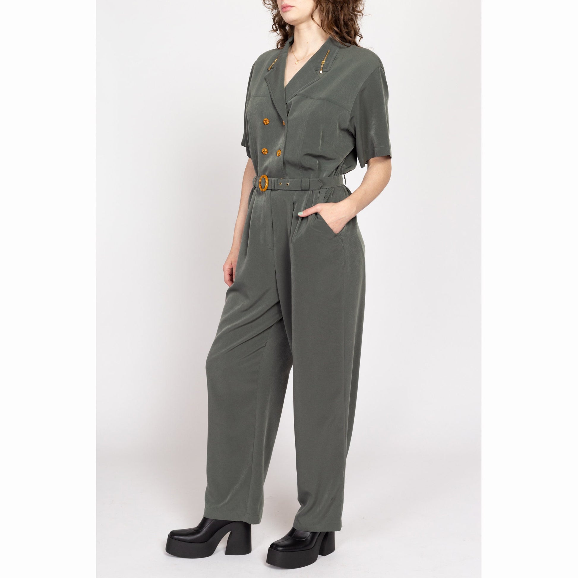Large 90s Olive Green Double Breasted Jumpsuit | Vintage Belted Button Up Short Sleeve Collared Pantsuit