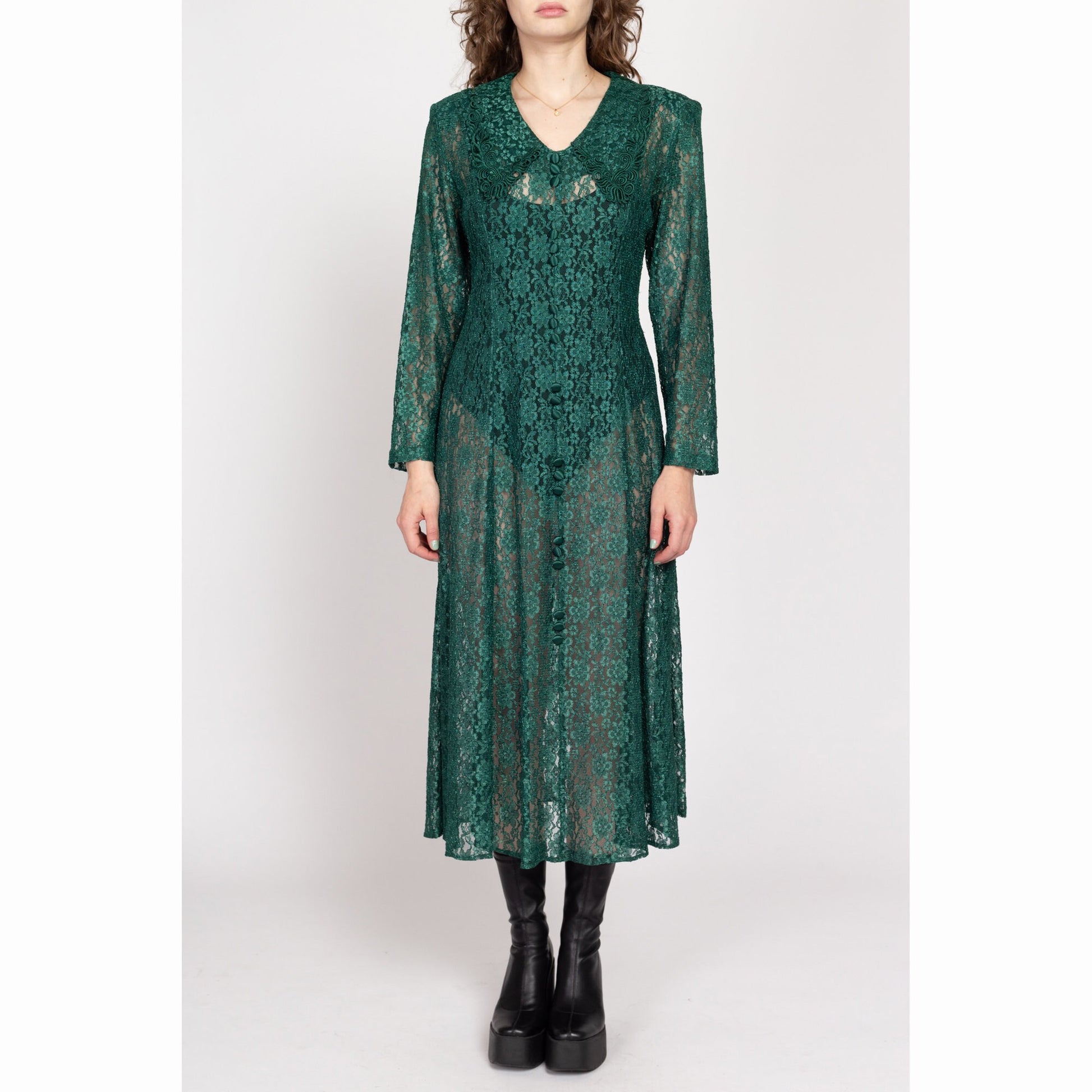 Med-Lrg 80s Sheer Green Lace Long Sleeve Midi Dress | Vintage Collared Grunge Dress