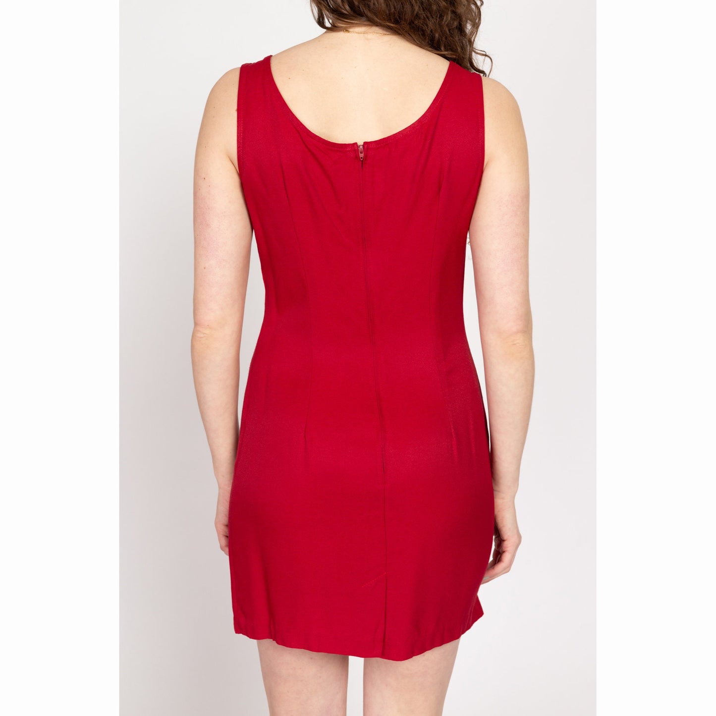 Medium 90s Red Mini Sheath Dress | Vintage Fitted Scoop Neck Sleeveless Minimalist Cocktail Dress