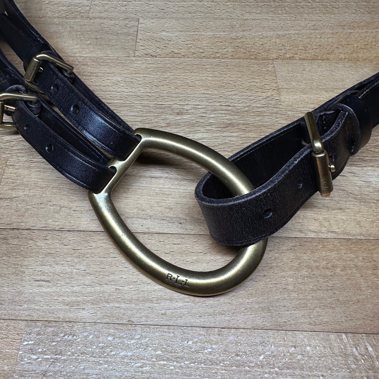 Medium Vintage Ralph Lauren Black Leather Tri Strap Equestrian Belt 31"-32" Waist