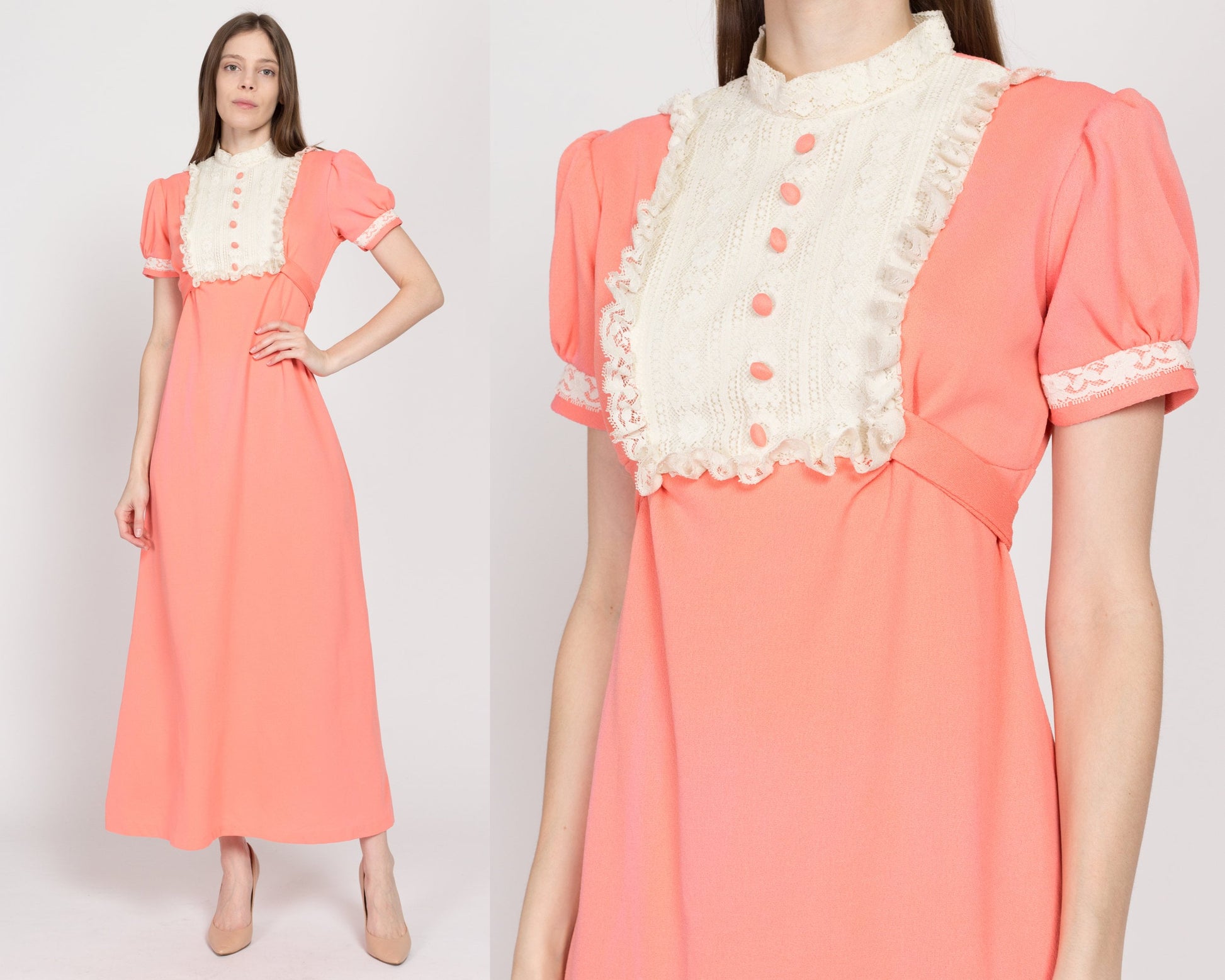 Small 70s Peach Lace Trim Prairie Maxi Dress | Vintage Puff Sleeve Boho Hippie Formal Gown