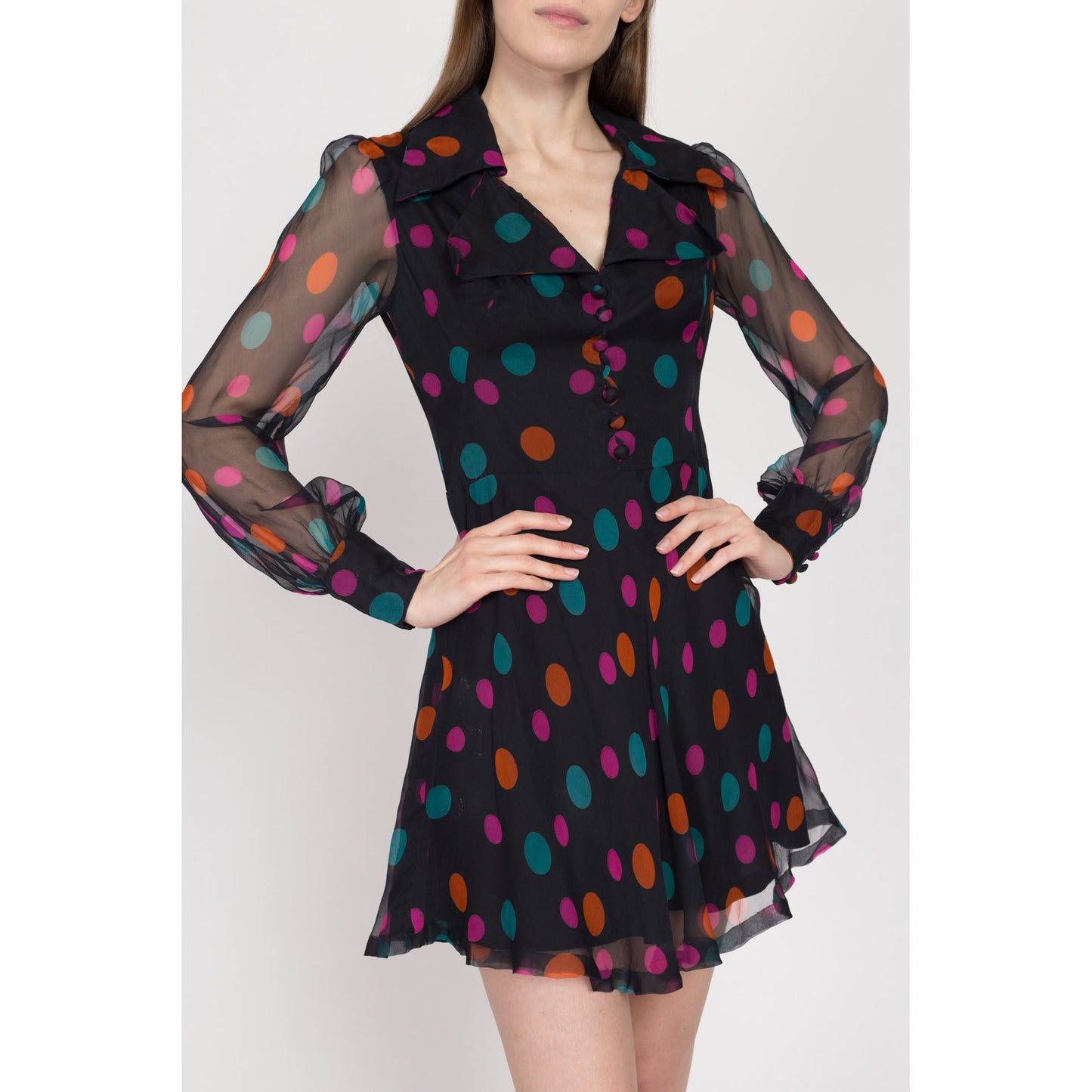 Small 60s Black Polka Dot Chiffon Sheer Sleeve Party Dress | Retro Vintage Fit & Flare Notched Collar Mini Dress