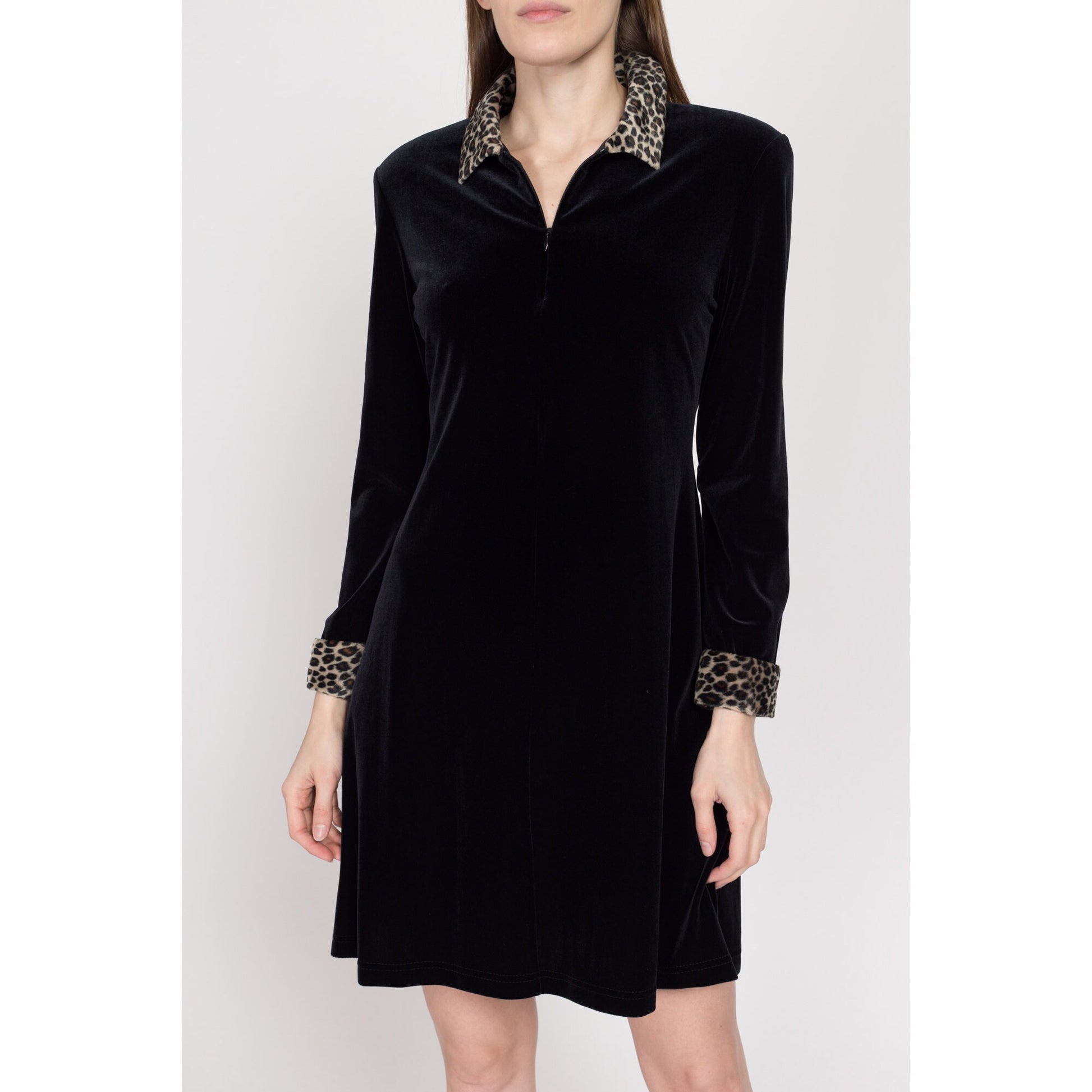 Small 90s Black Velvet Leopard Trim Long Sleeve Mini Dress | Vintage Zip Front A Line Faux Fur Dress