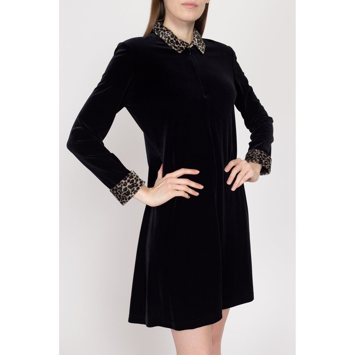 Small 90s Black Velvet Leopard Trim Long Sleeve Mini Dress | Vintage Zip Front A Line Faux Fur Dress