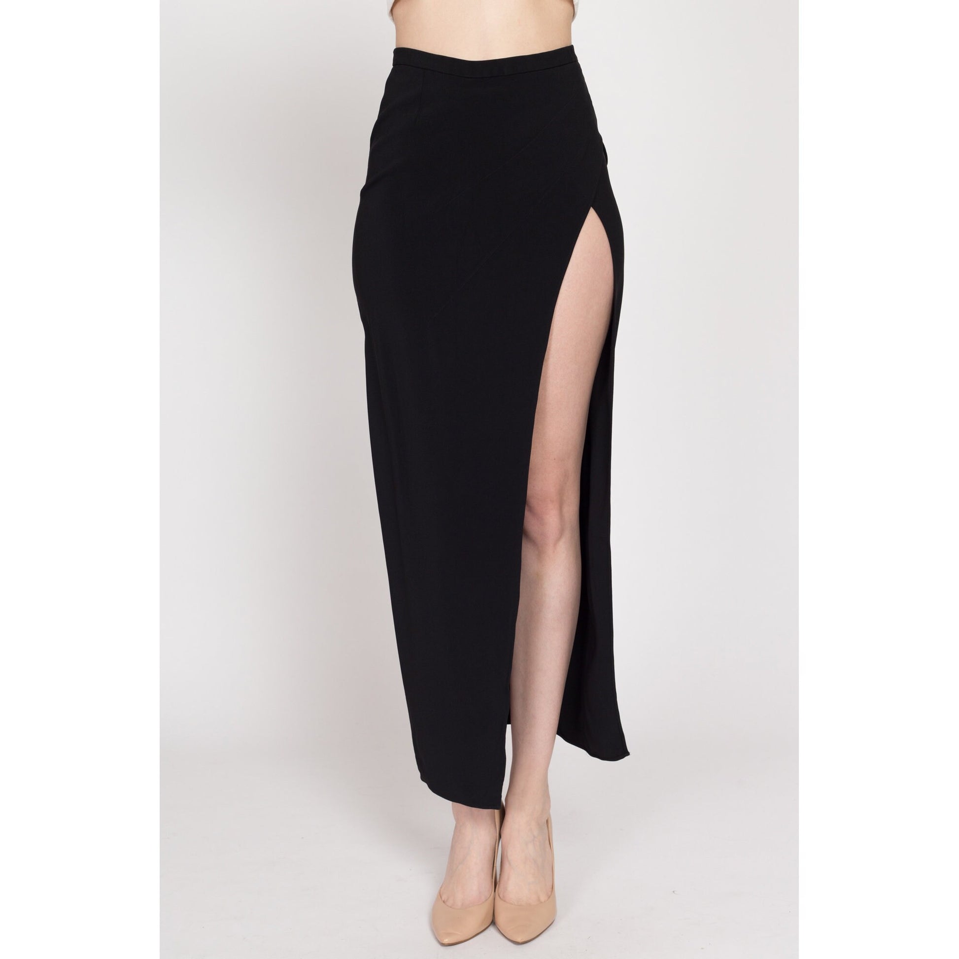 XS 90s Moschino Couture Black High Thigh Slit Maxi Skirt 25.5" | Vintage Designer High Waisted Sexy Fitted Pencil Skirt