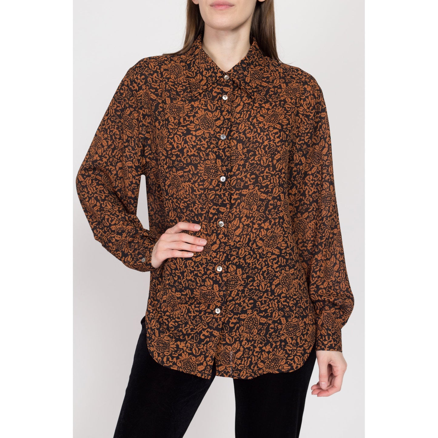 Large 80s Baroque Black & Orange Floral Blouse | Vintage Long Sleeve Button Up Oversize Secretary Top