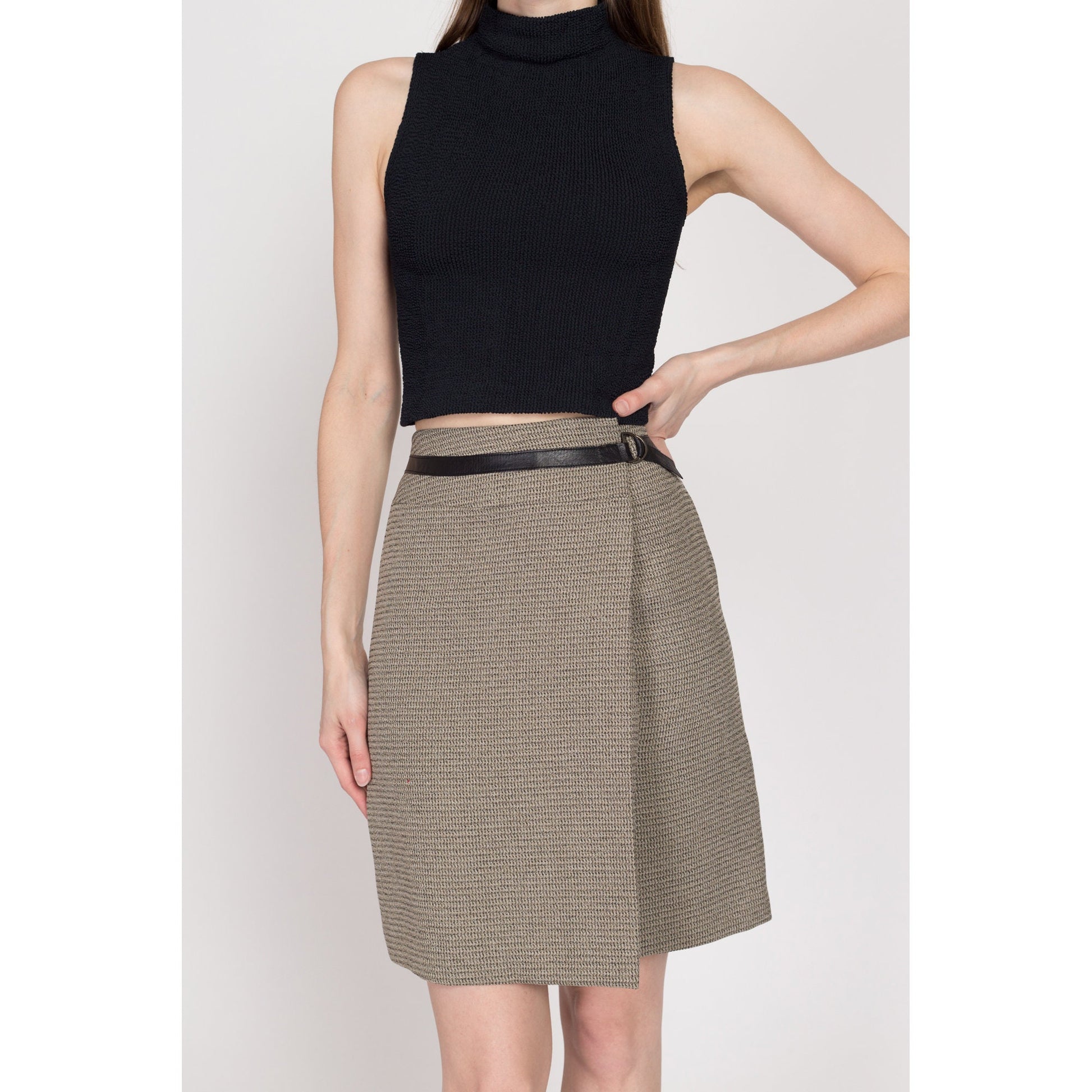 XS 90s Knit Leather Belt Mini Skirt 25" | Vintage Minimalist Two Tone Wrap A Line Miniskirt