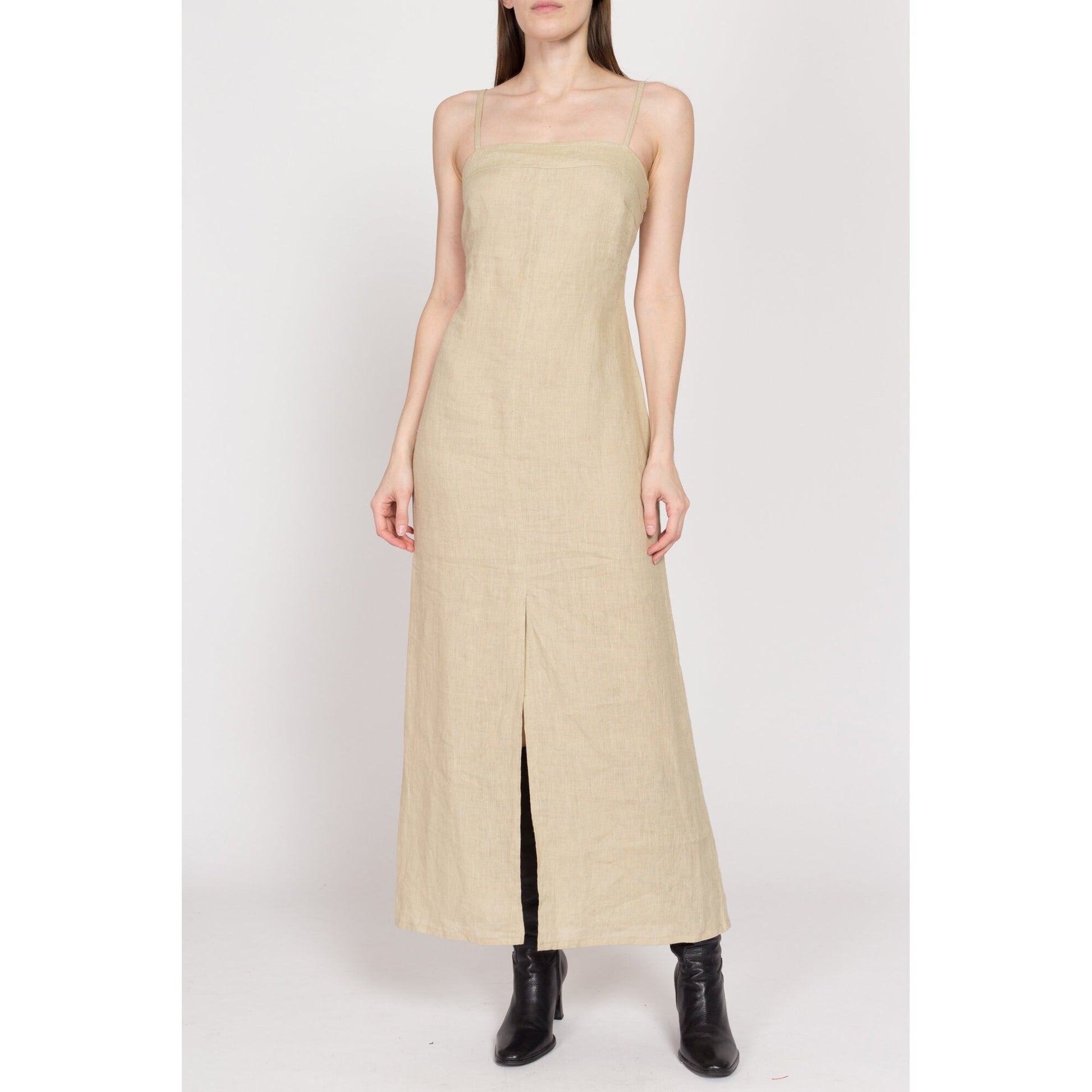 XS 90s Oatmeal Linen Backless Maxi Dress | Vintage Minimalist Sleeveless Low Back Keyhole Sundress