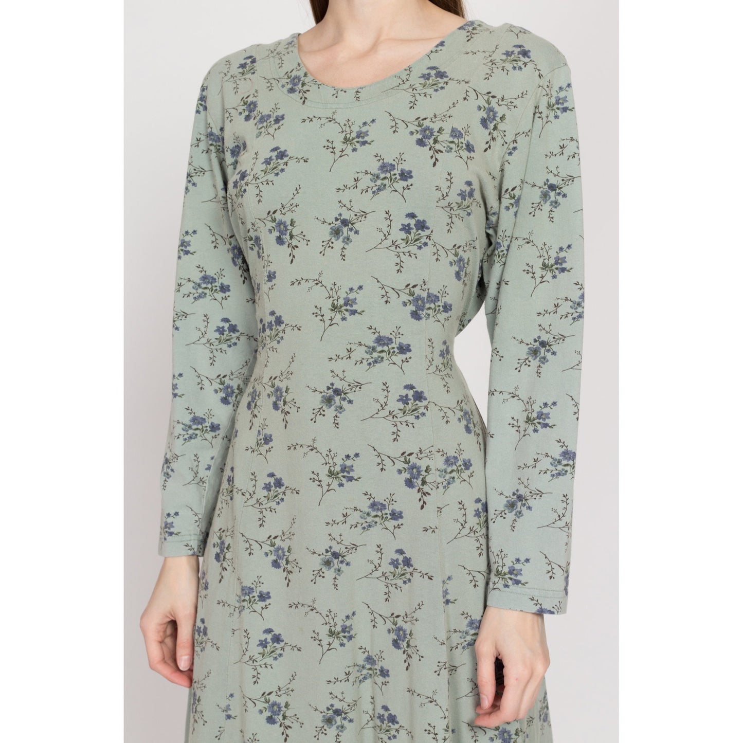 Medium 80s Sage Green Floral Long Sleeve Maxi Dress | Vintage Cotton Grunge Tie Back Dress