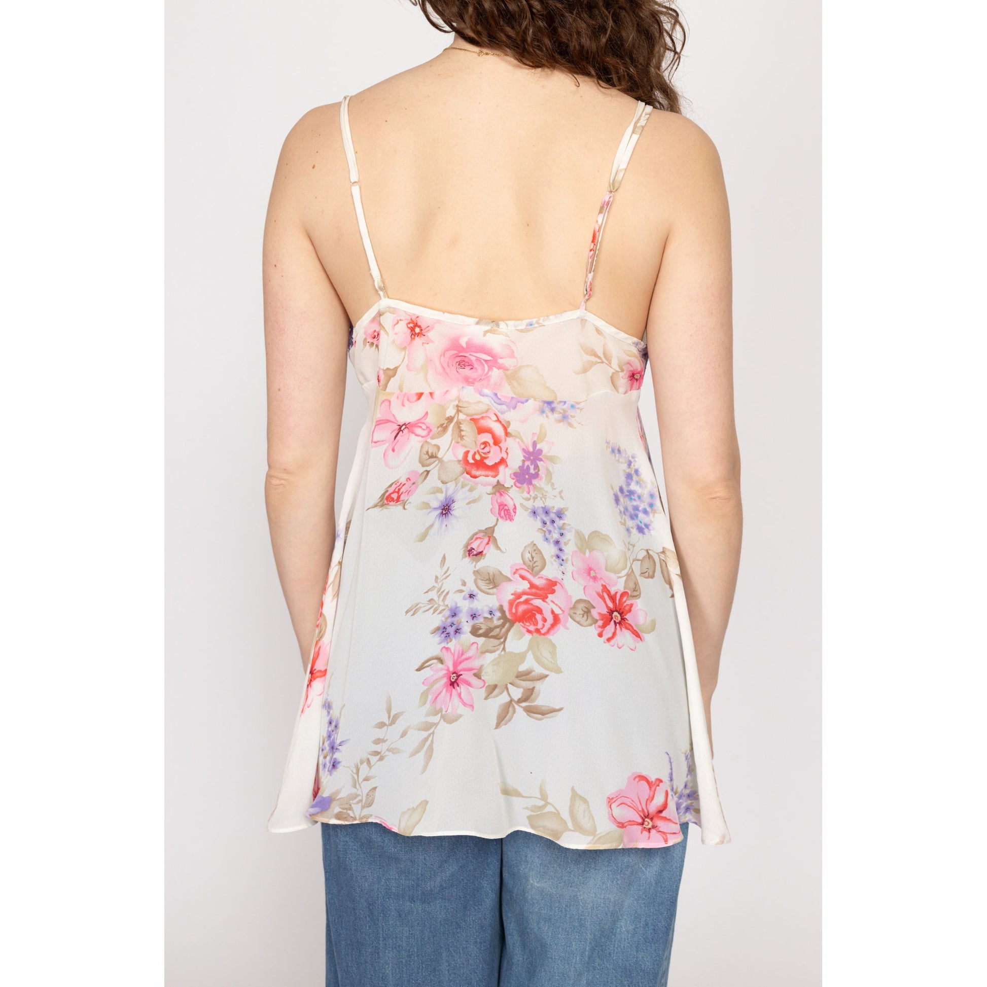 Medium 90s Floral Split Hem Camisole Slip Top | Sheer White Purple Lace Trim Lingerie Cami Top