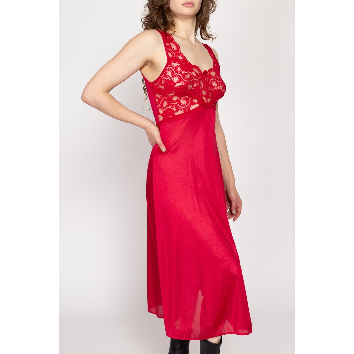 Small 90s Red Lace Bust Midi Slip Dress | Vintage Sheer Nightgown