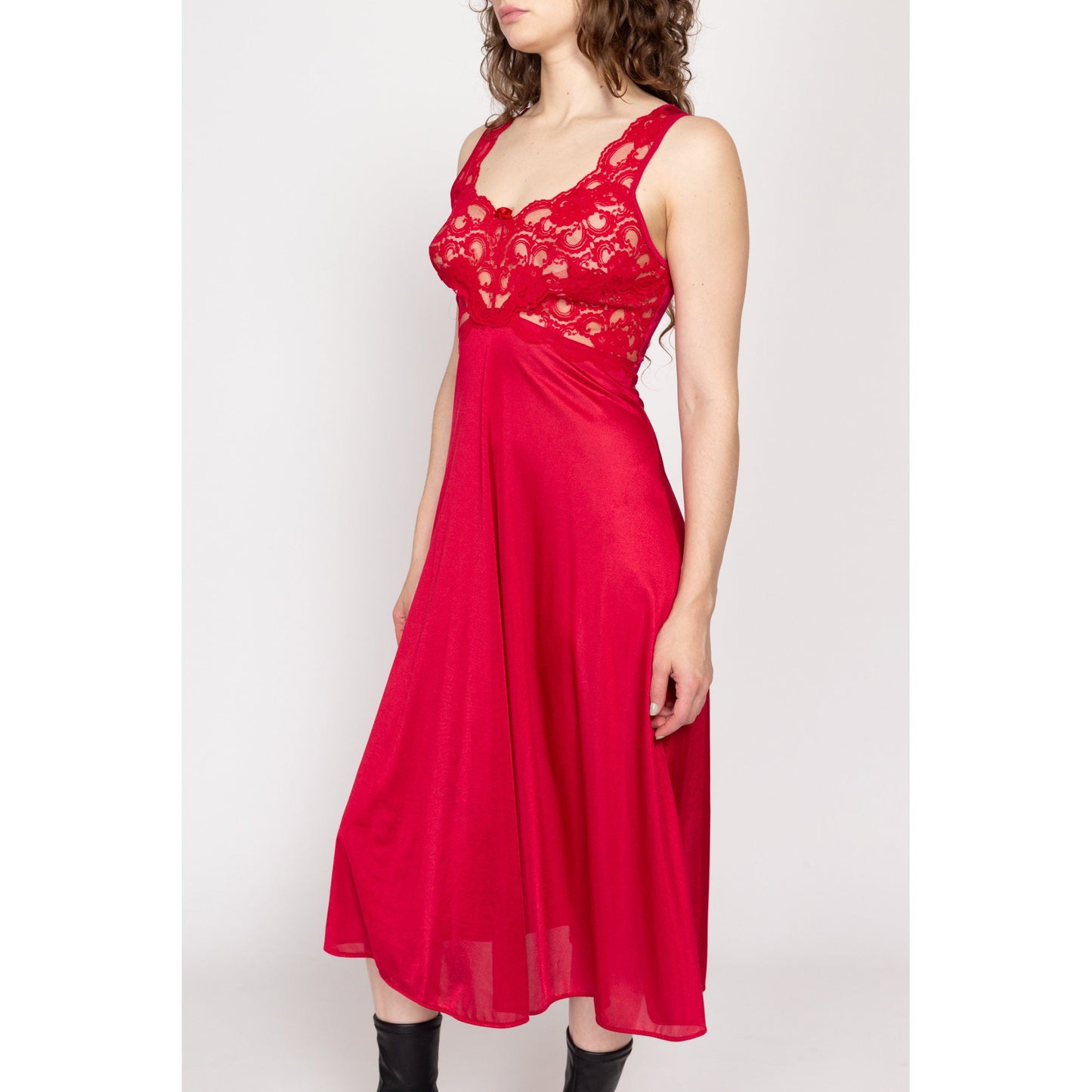Small 90s Red Lace Bust Midi Slip Dress | Vintage Sheer Nightgown