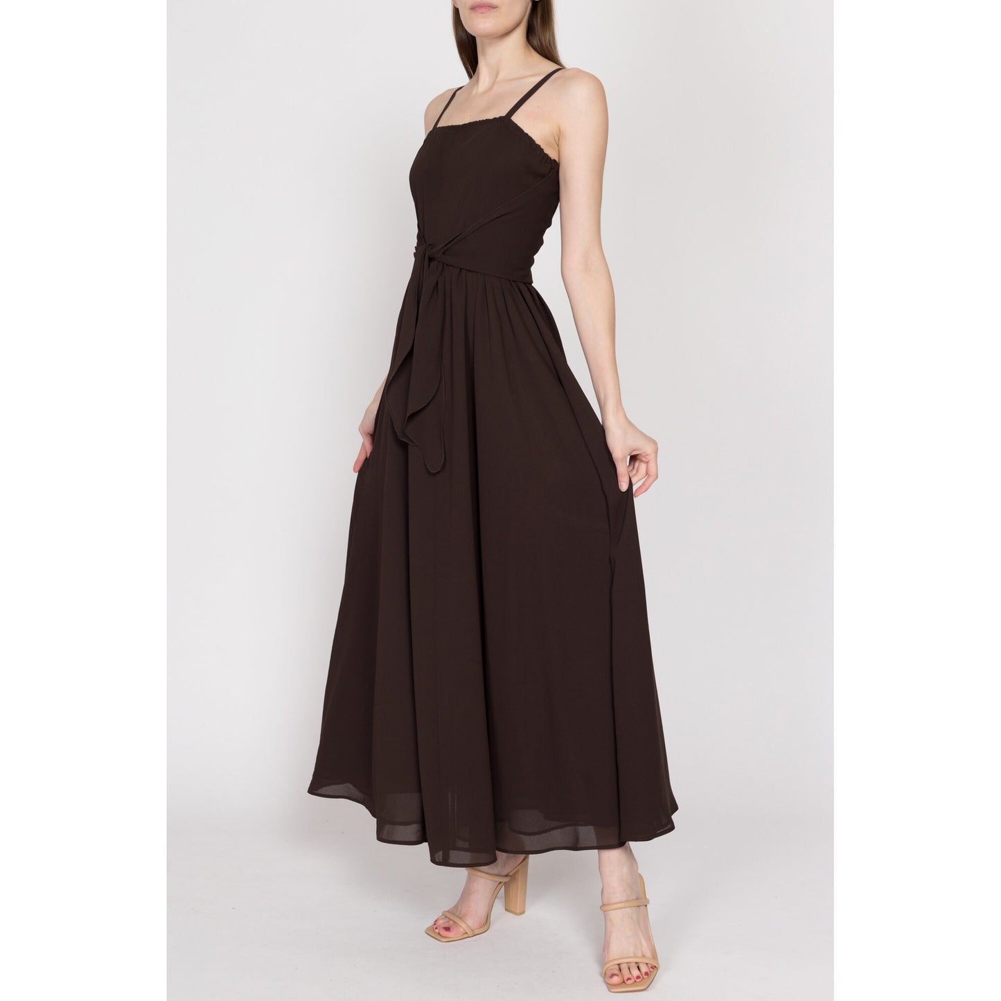 XS 70s Chocolate Brown Chiffon Tie Front Gown | Vintage Spaghetti Strap Formal Maxi Party Dress