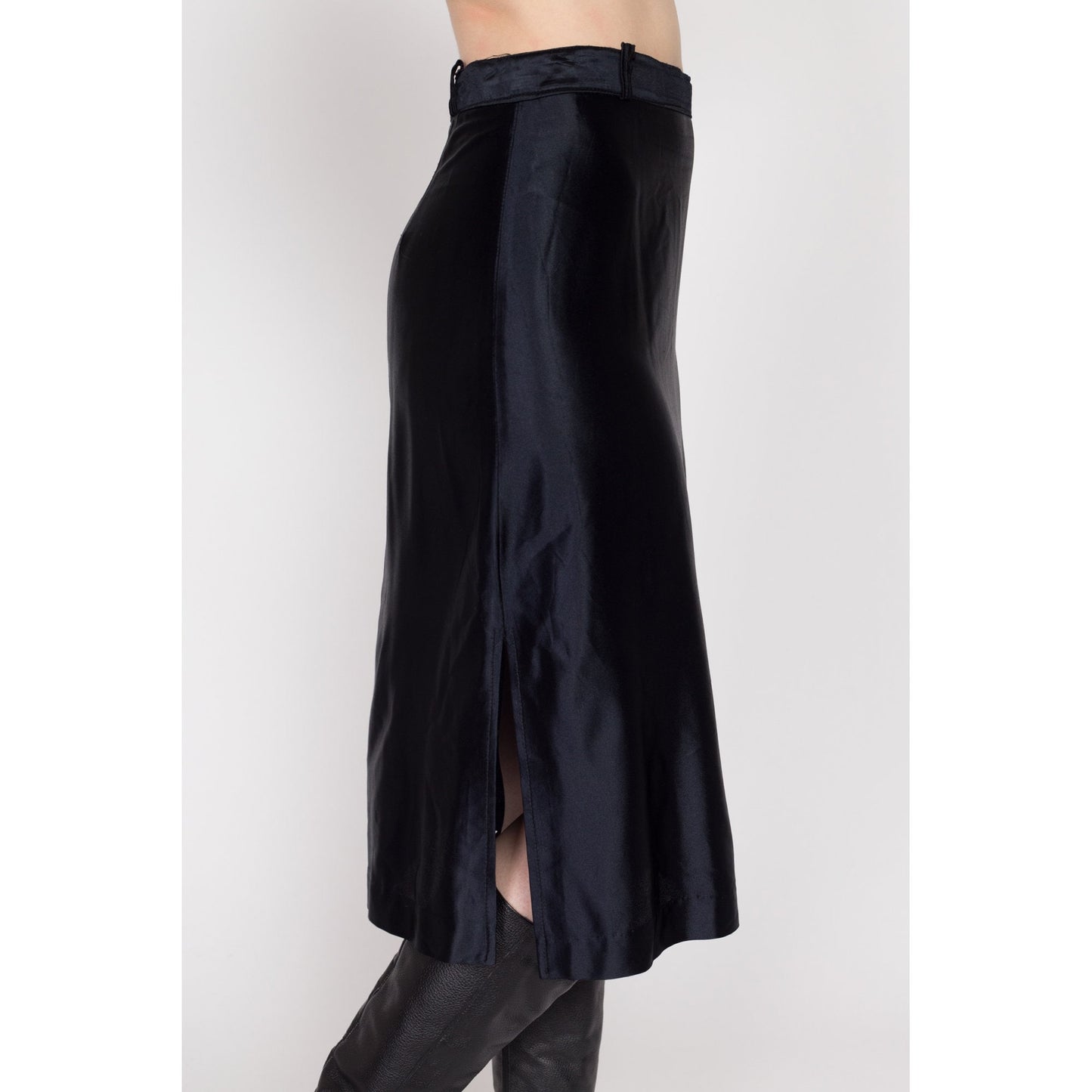 Small 70s Black Satin Side Slit Midi Skirt 26.5" | Vintage Minimalist Shiny High Waisted A Line Skirt
