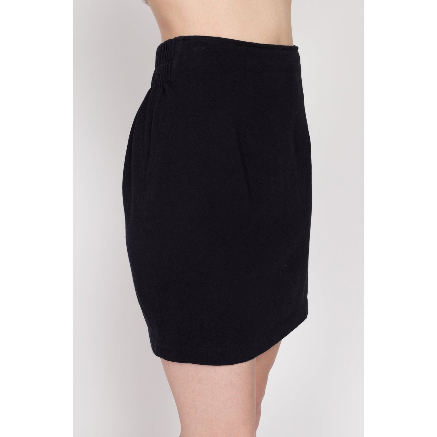 Sm-Med 90s Black Stretchy Fitted Mini Skirt | Vintage Minimalist Elastic High Waisted Plain Pencil Miniskirt