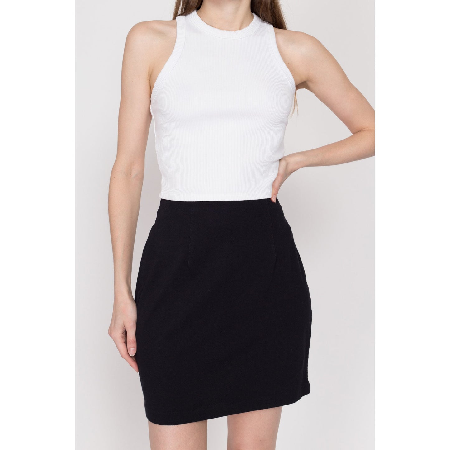Sm-Med 90s Black Stretchy Fitted Mini Skirt | Vintage Minimalist Elastic High Waisted Plain Pencil Miniskirt