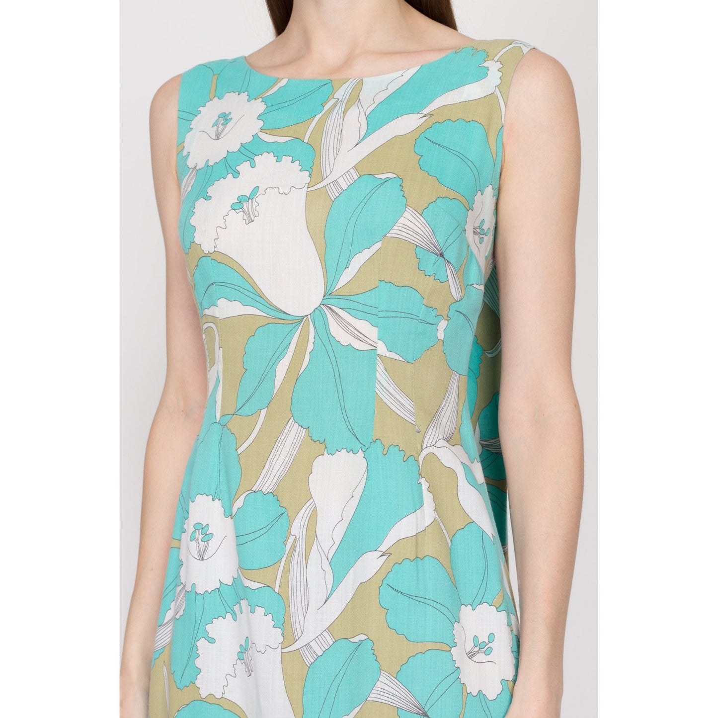XS 60s Hawaiian Turquoise Floral Watteau Maxi Dress | Vintage Resort Wear Draped Back Column Kaftan Sundress