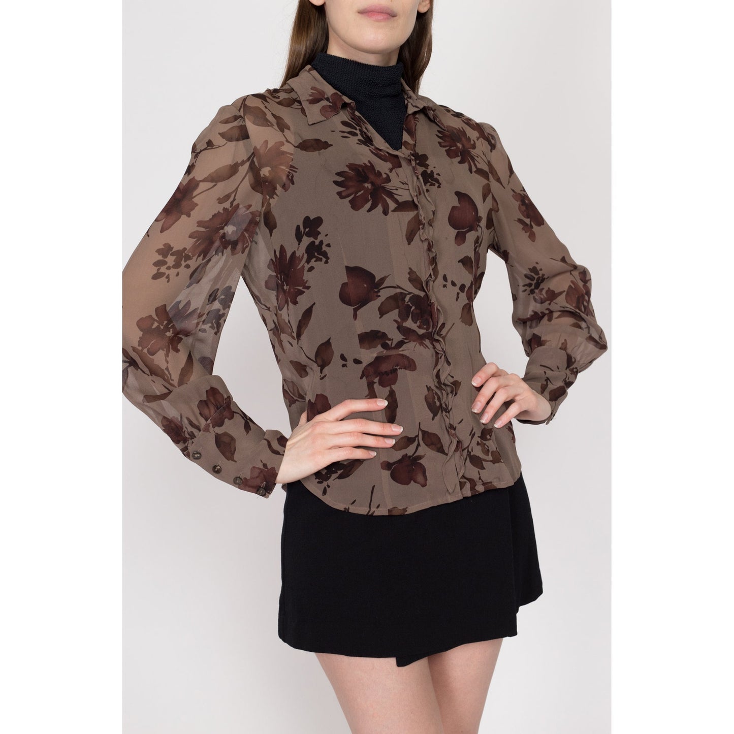Large 90s Sheer Silk Brown Floral Blouse | Vintage Long Sleeve Button Up Top