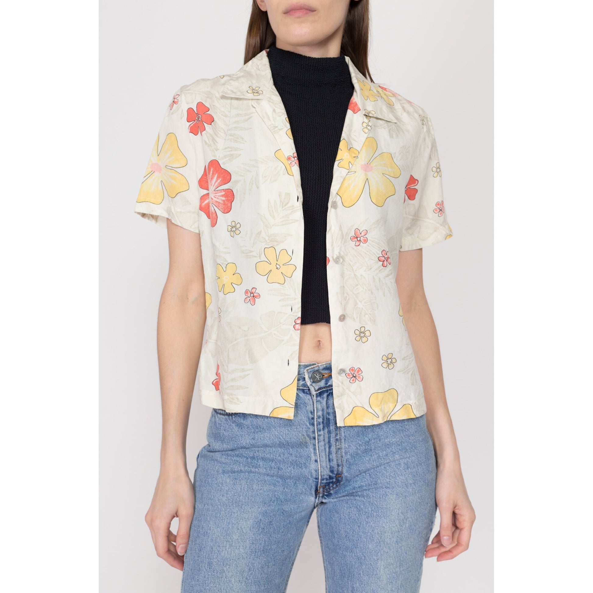 Medium 90s Tropical Floral Silk & Linen Cropped Blouse | Vintage Boho Flower Print Button Up Crop Top