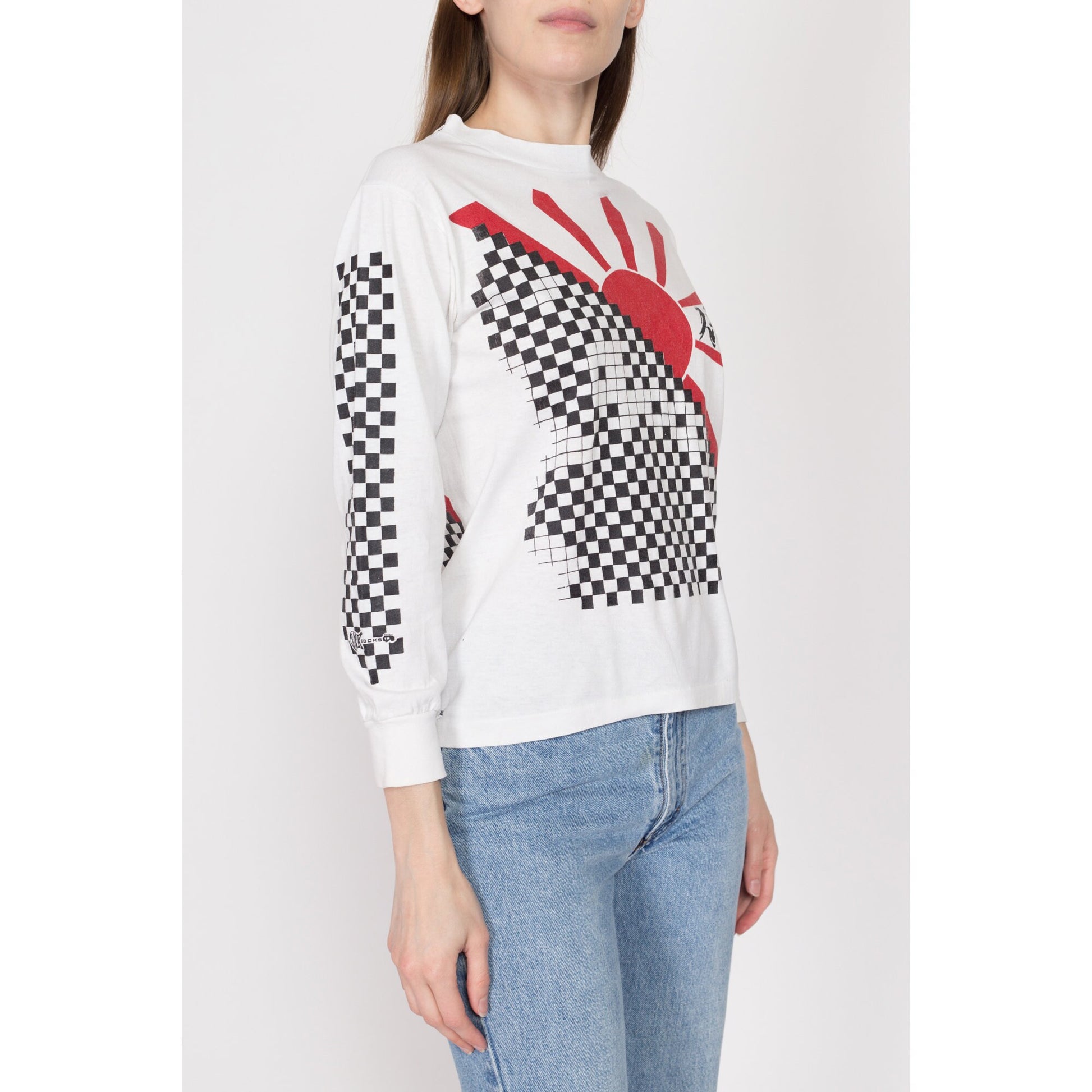 Small 90s Japanese Rising Sun T Shirt | Vintage Racing Checkered Graphic Samurai Kanji Long Sleeve Tee