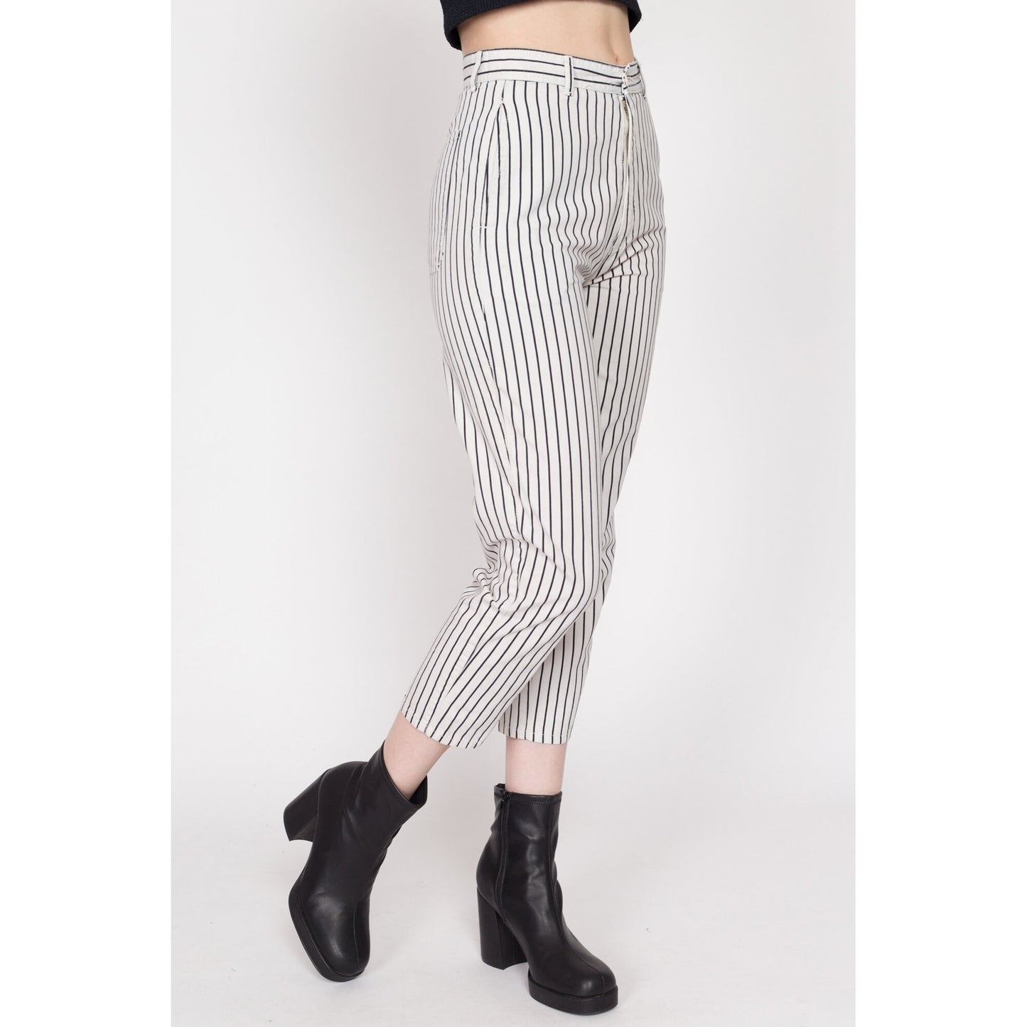 XS 80s Esprit Sport Black & White Striped Ankle Pants 25" | Vintage High Waisted Tapered Leg Cotton Trousers