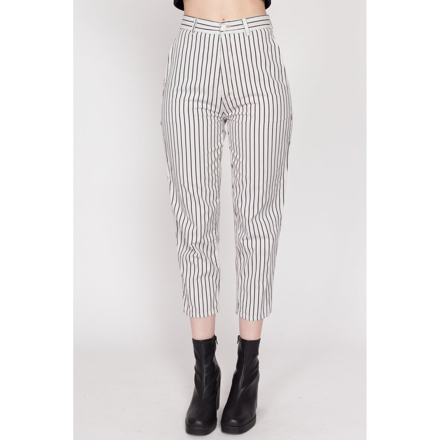 XS 80s Esprit Sport Black & White Striped Ankle Pants 25" | Vintage High Waisted Tapered Leg Cotton Trousers