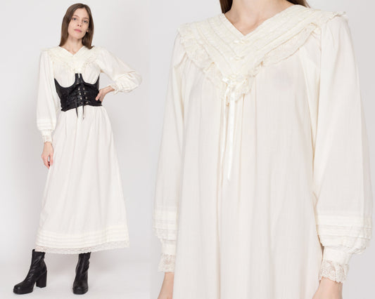 XS 80s Does Victorian White Prairie Nightgown | Vintage Boho Long Sleeve Lace Trim Maxi Dress