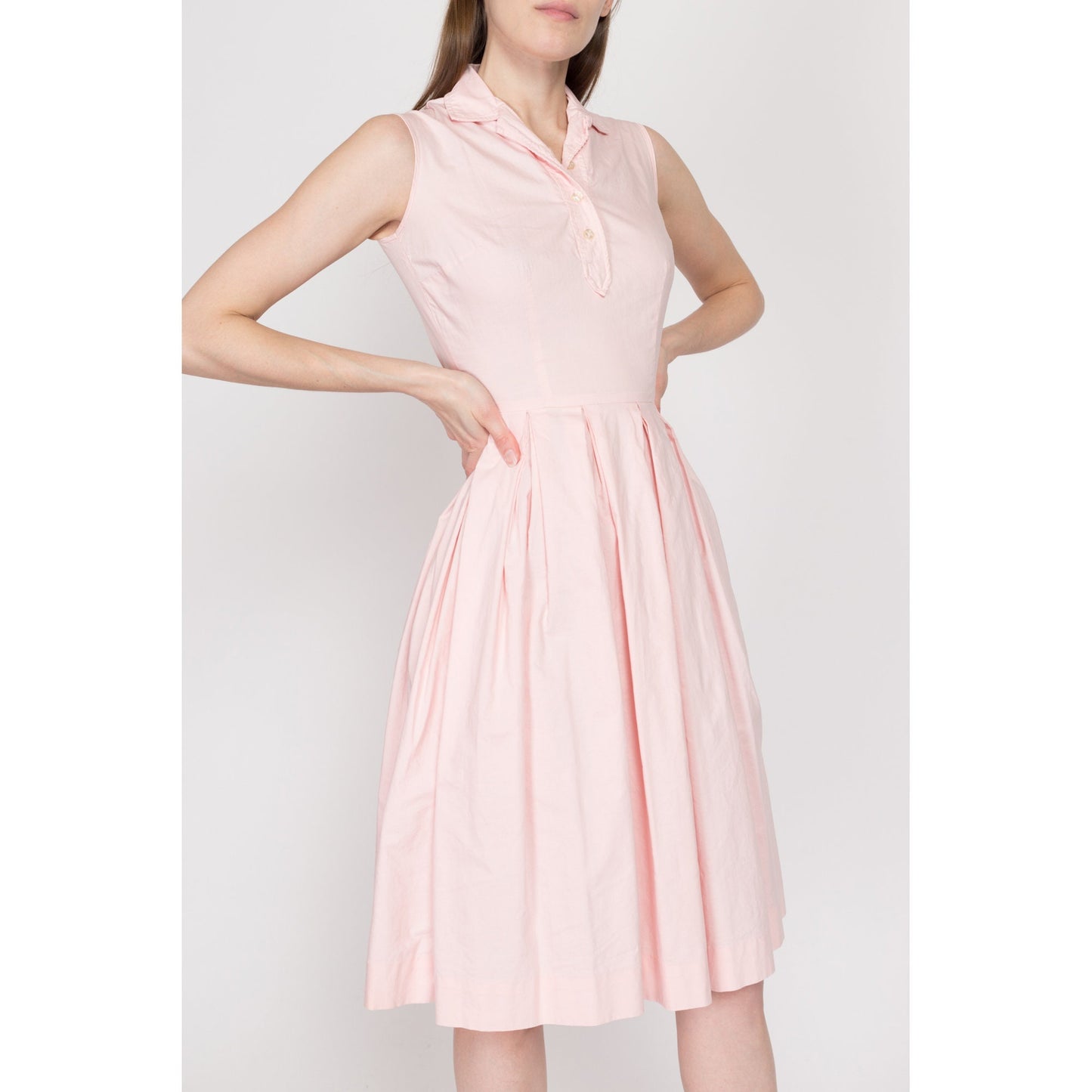 Petite XXS-XS 1950s Bobbie Brooks Pink Fit & Flare Day Dress | Vintage 50s Sleeveless Collared Pleated Housewife Mini Sundress