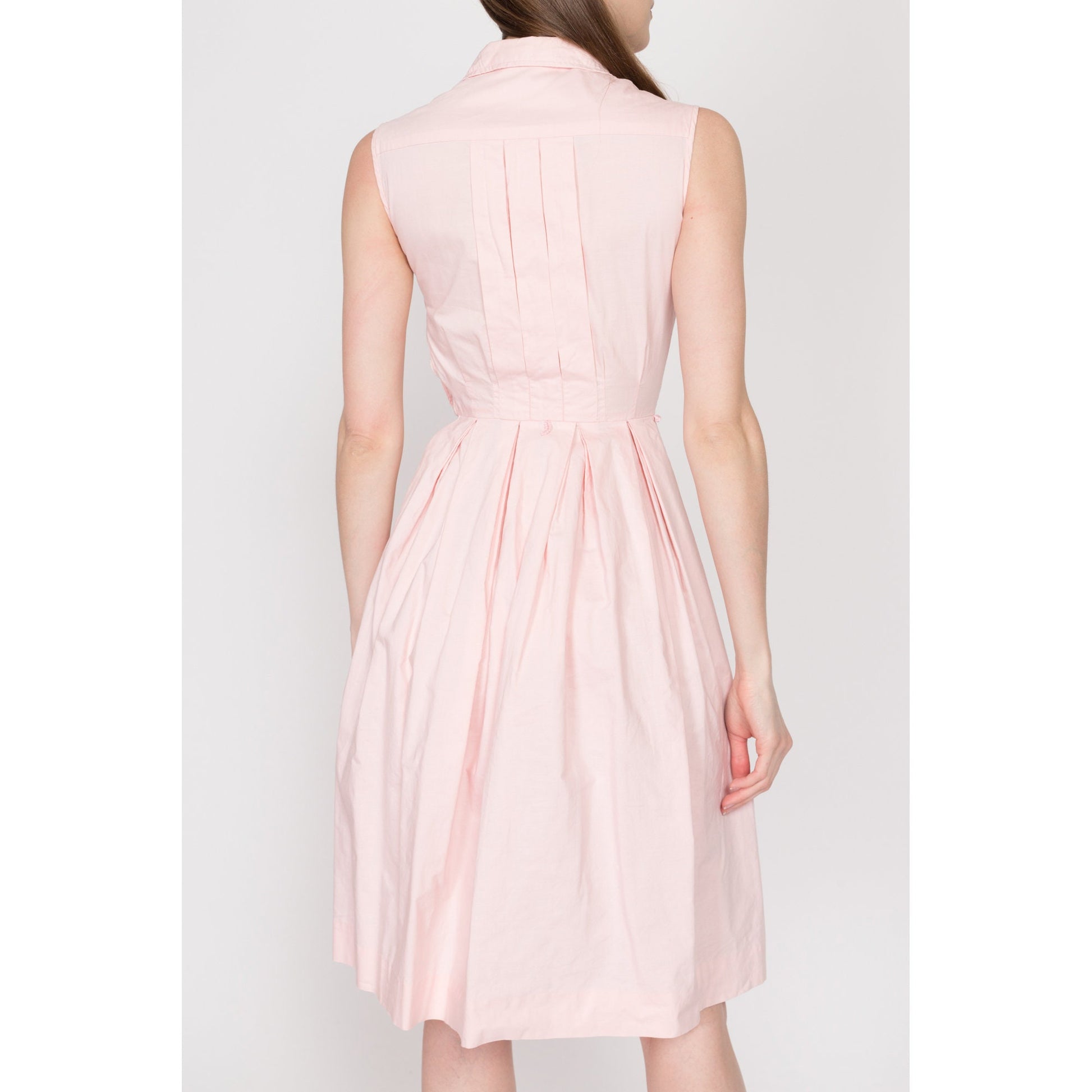Petite XXS-XS 1950s Bobbie Brooks Pink Fit & Flare Day Dress | Vintage 50s Sleeveless Collared Pleated Housewife Mini Sundress