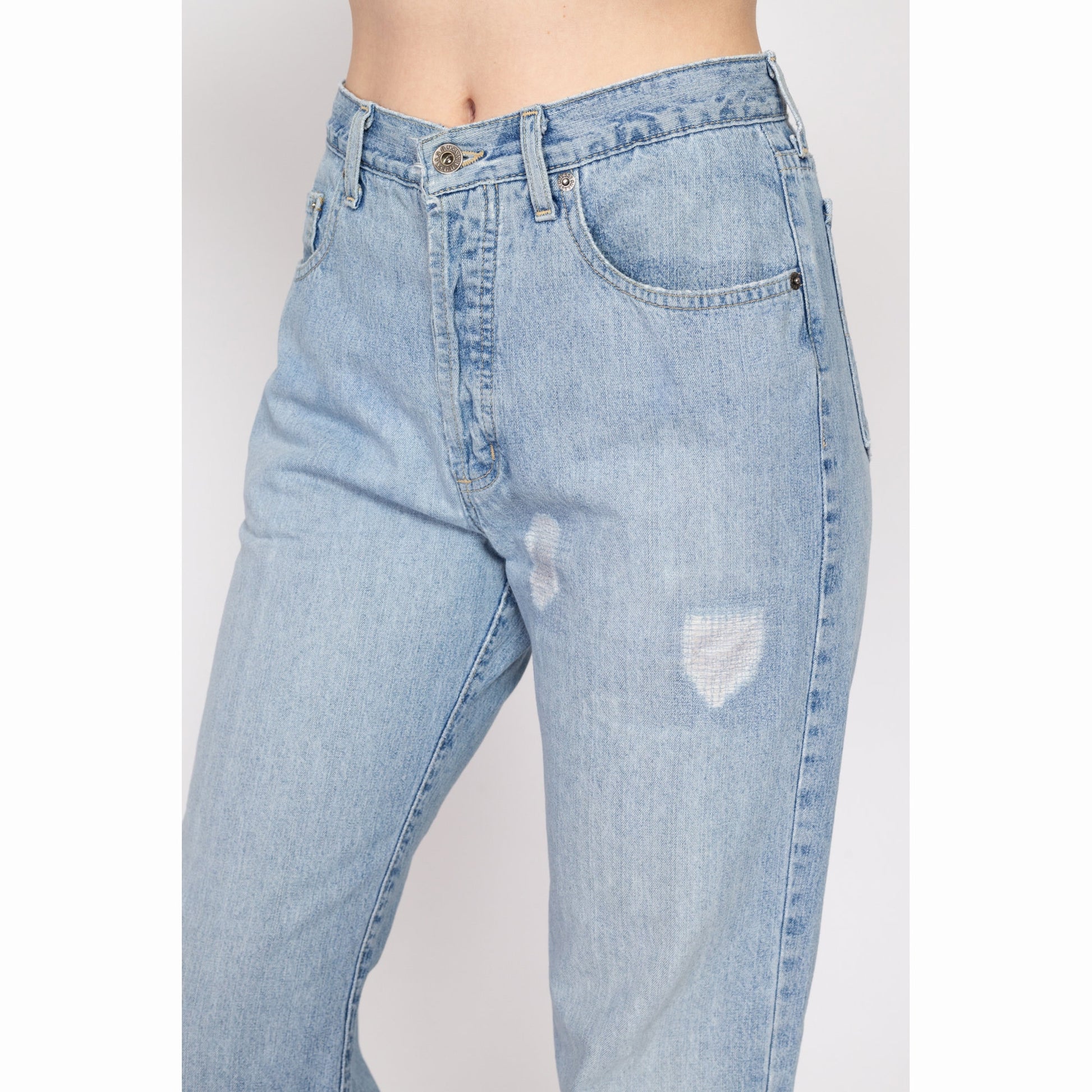 Med-Lrg 90s Guess Light Wash Distressed Jeans | Vintage Mid Rise Denim Tapered Leg Boyfriend Jeans