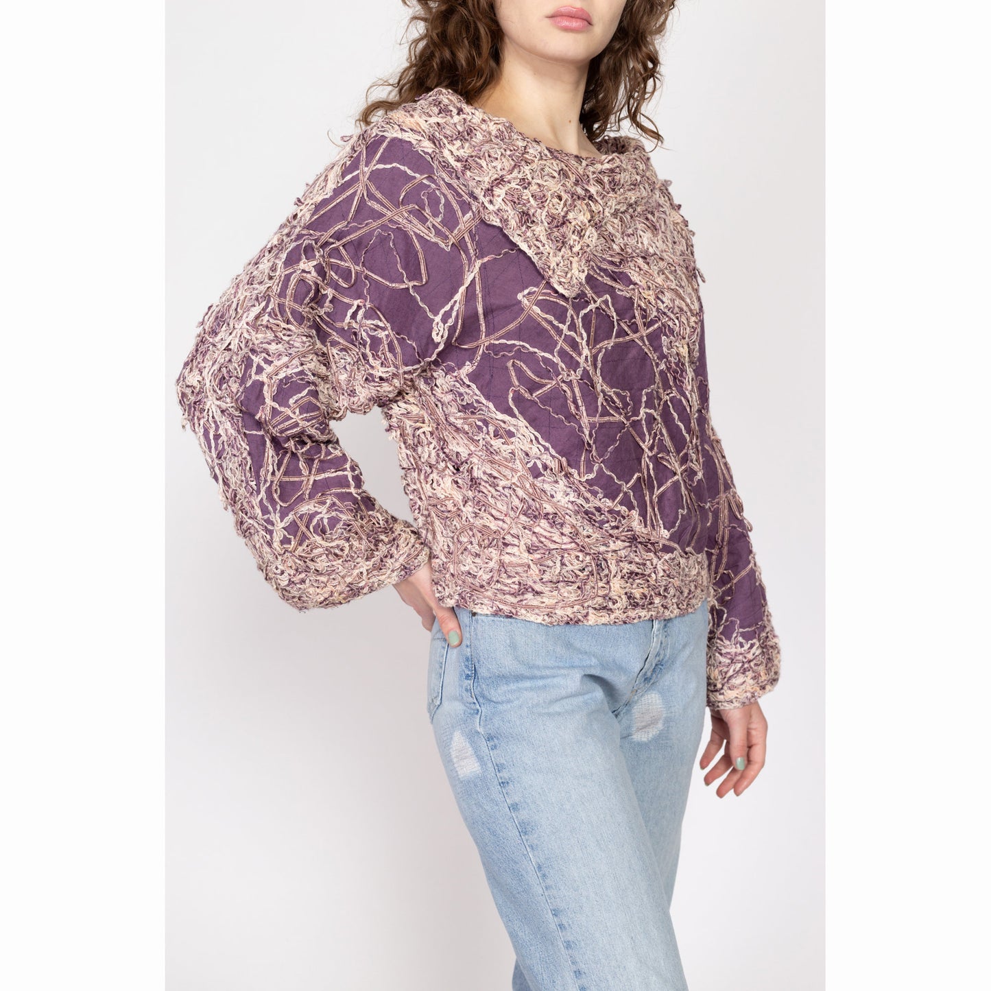 Large 90s Purple Abstract Textural Knit Sweater | Vintage Boho Two Tone Boatneck Slouchy Pullover