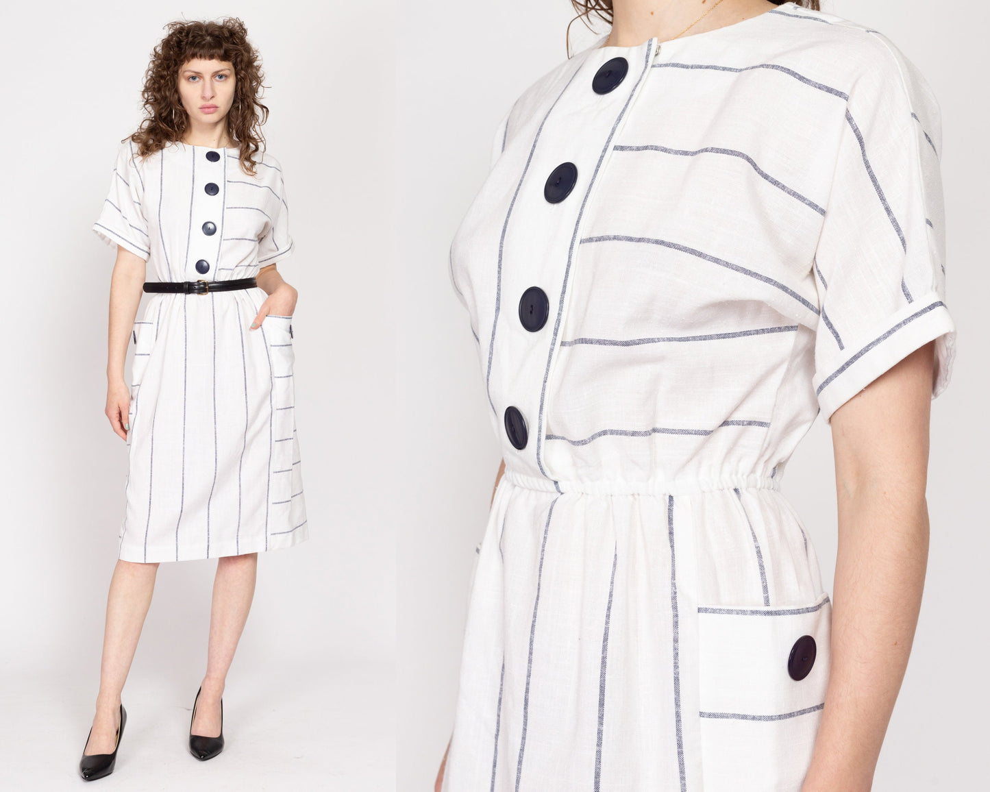 Medium 80s White & Navy Blue Pinstriped Shirtdress | Vintage Short Sleeve Pocket Midi Dress