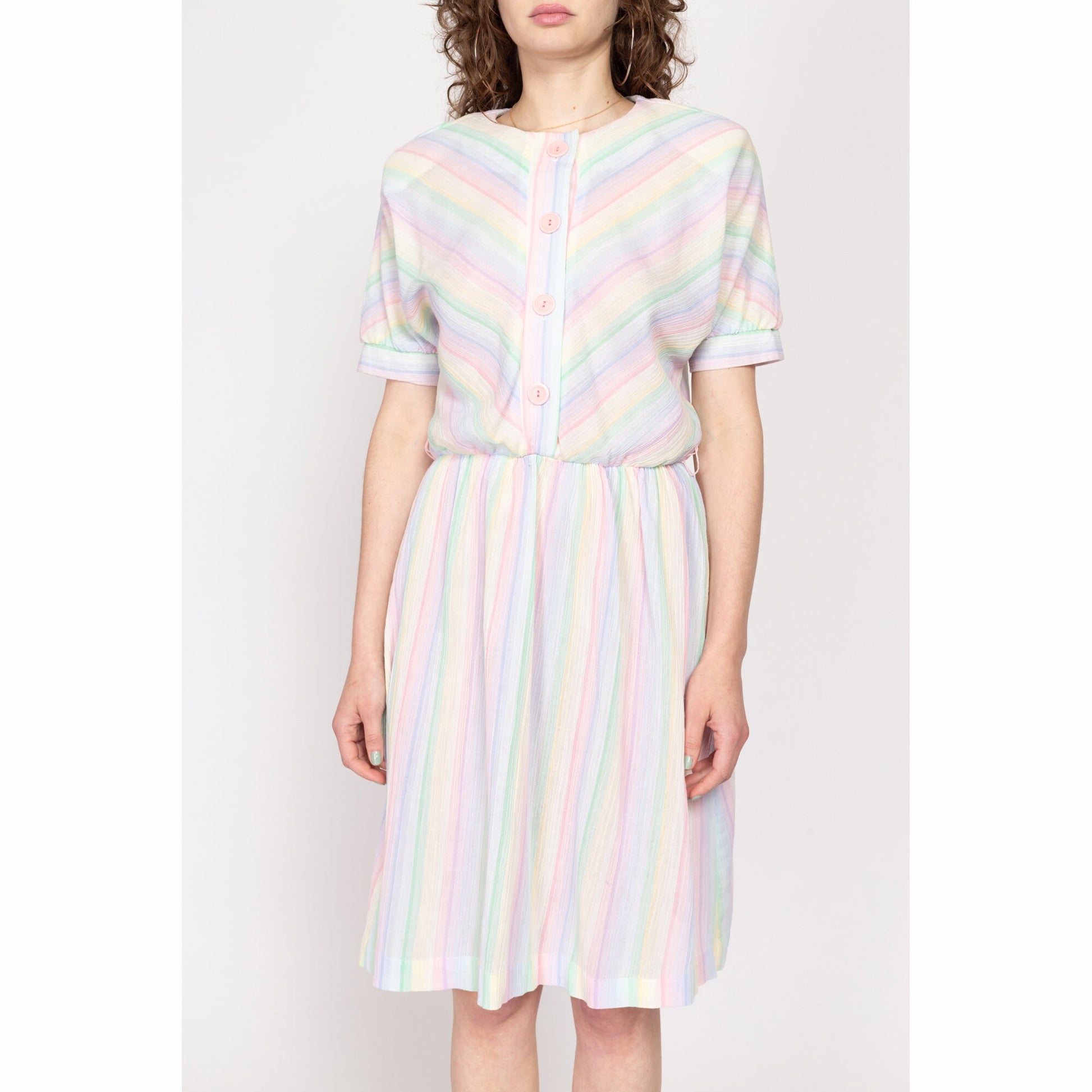 Large 70s 80s Rainbow Pastel Striped Shirtdress | Vintage Chevron Stripe Short Sleeve Knee Length Dress